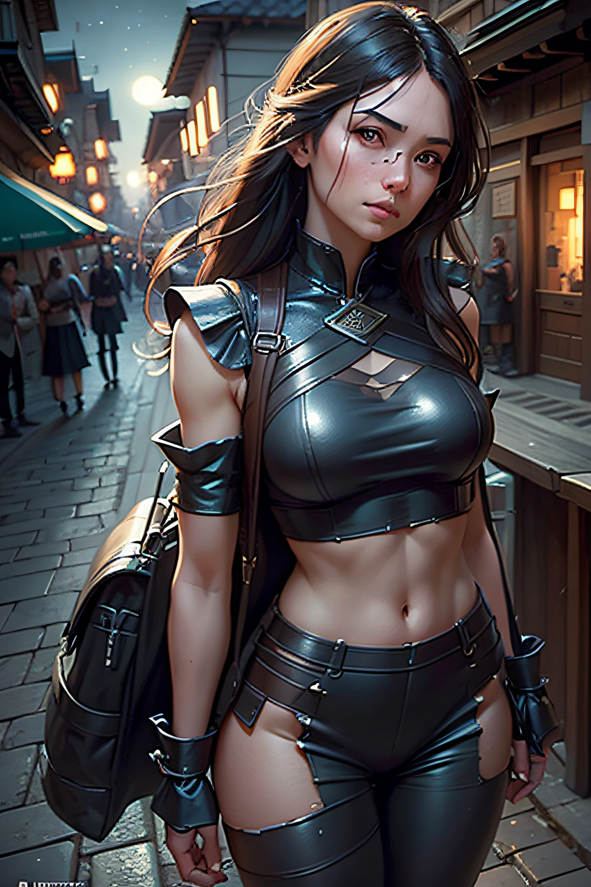 (first person perspective:1.3), you are being bullied by a (beautiful) giantess, detailed face, outside a village tavern, intimidating, towering above, smirking, night, soft moonlight, digital photography, art by artgerm and ruan jia and greg rutkowski, surreal painting, masterpiece, hdr, PhotoReal