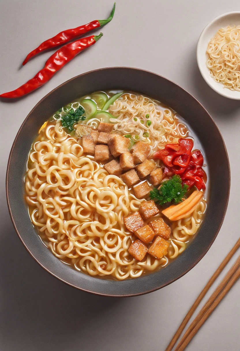 Weilong spicy strips Bagged instant noodles do not open Boxed milk Dried tofu Shuanghui ham sausage All neatly placed in a bowl Realistic and surreal
