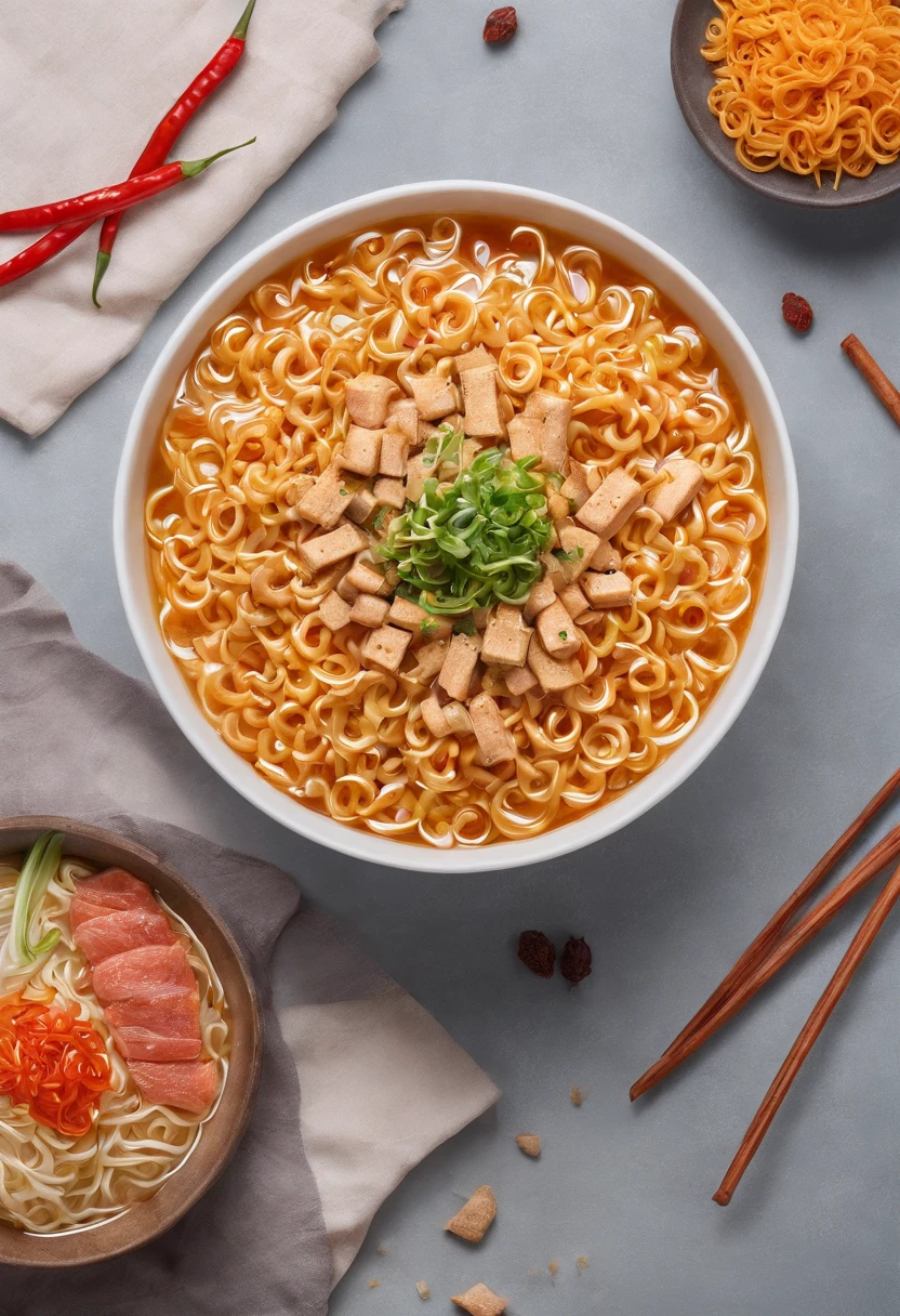Weilong spicy strips Bagged instant noodles do not open Boxed milk Dried tofu Shuanghui ham sausage All neatly placed in a bowl Realistic and surreal