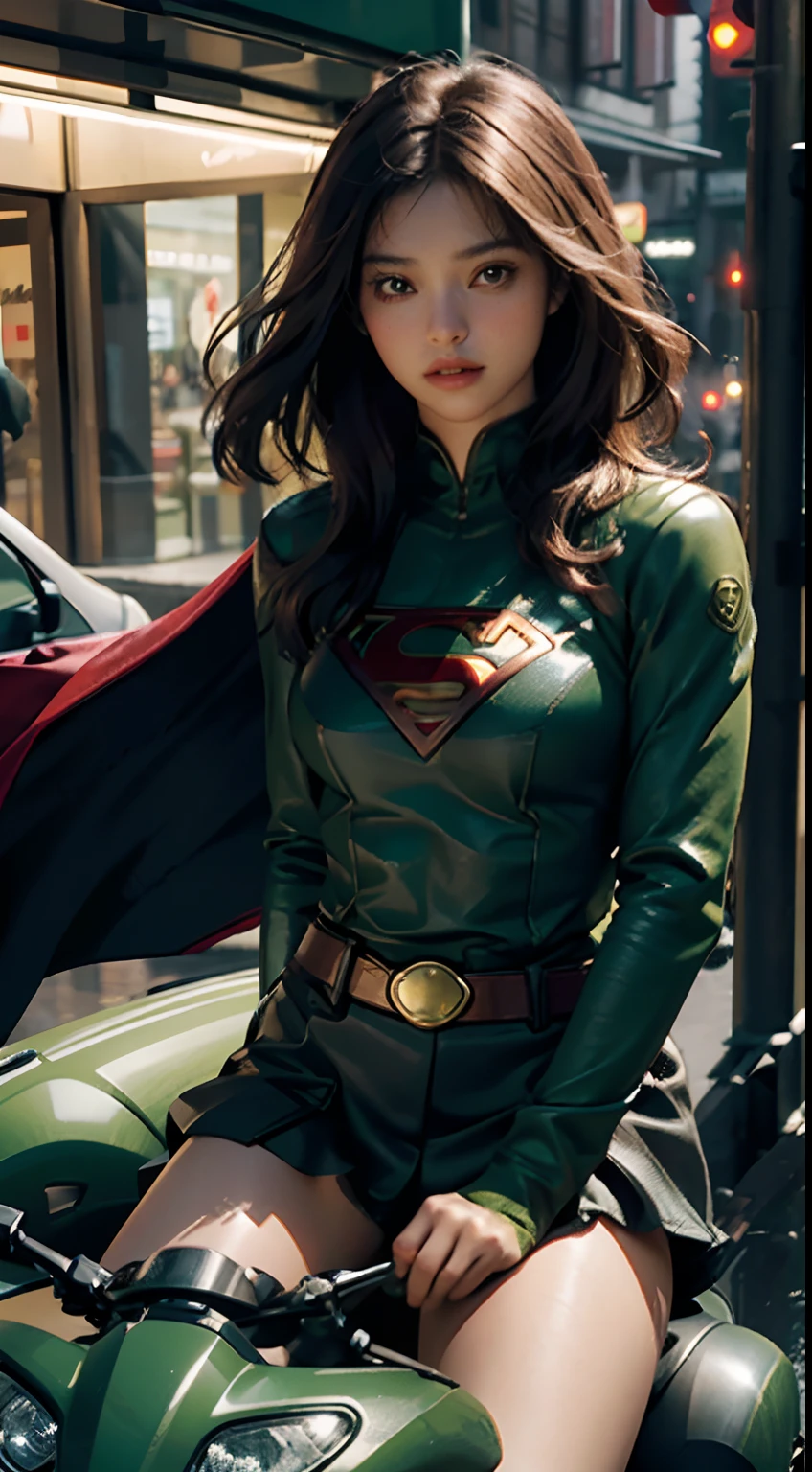 The highest image quality, striking details, ultra-high resolution, (realism: 1.4), the best illustration, favorable details, highly condensed 1supergirl, with a delicate and beautiful face, brunette, brown eyes, dressed in a black and green lock, superman S symbol on the chest, riding on a green motorcycle, the background is a high-tech lighting scene of a bustling city.