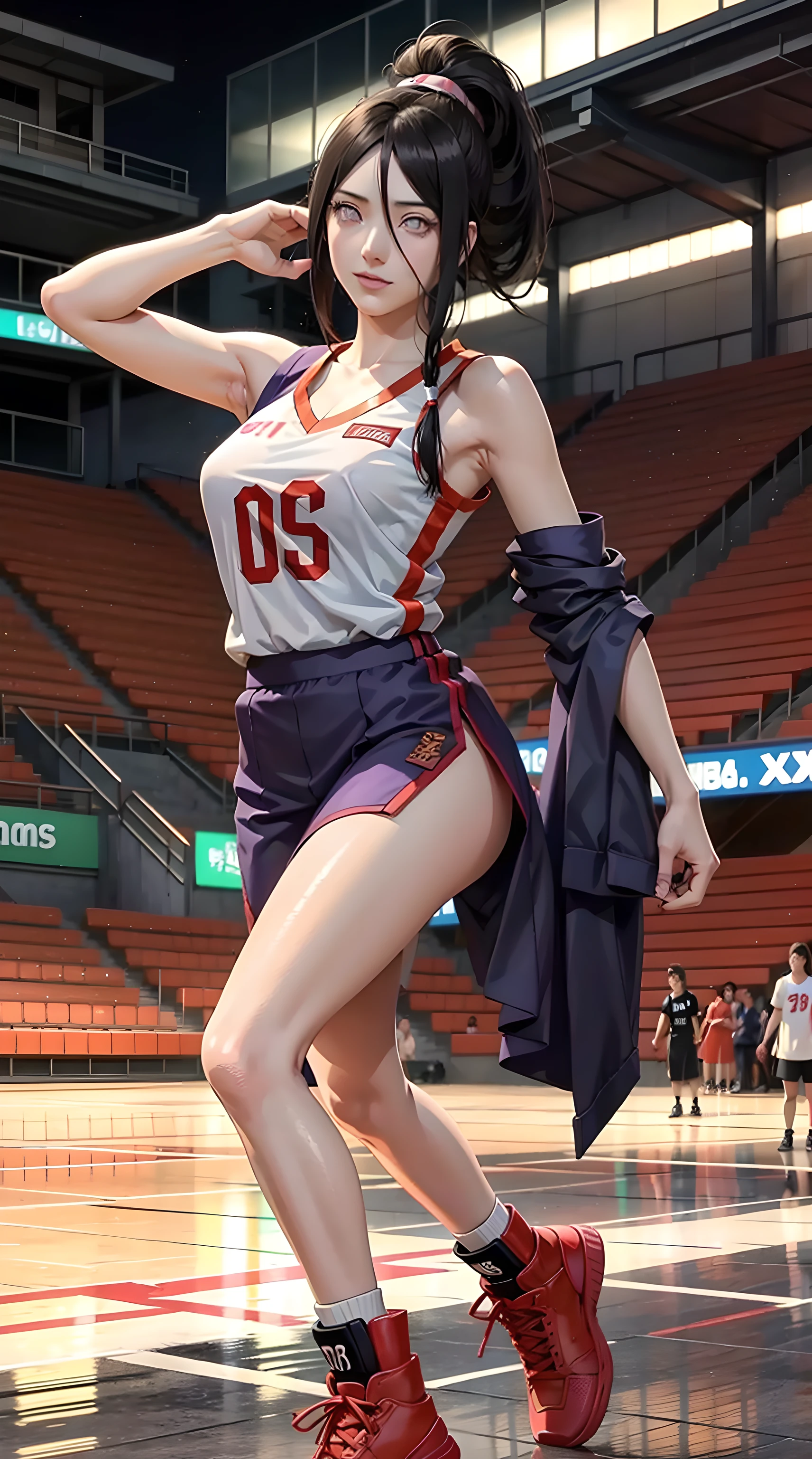 hyuuga hanabi, long hair tied low, hair band, hana purple eyes, ponytail, beautiful, beautiful woman, perfect body, perfect breasts, wearing a basketball jersey, on the basketball court, holding a basketball, basketball hoop, looking at the audience, little smile, realism, masterpiece, textured skin, super detail, high detail, high quality, best quality, 1080p, 16k