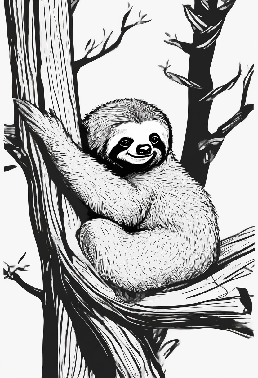 Sloth sleeping on a tree White background line-drawing white and black Cute simple