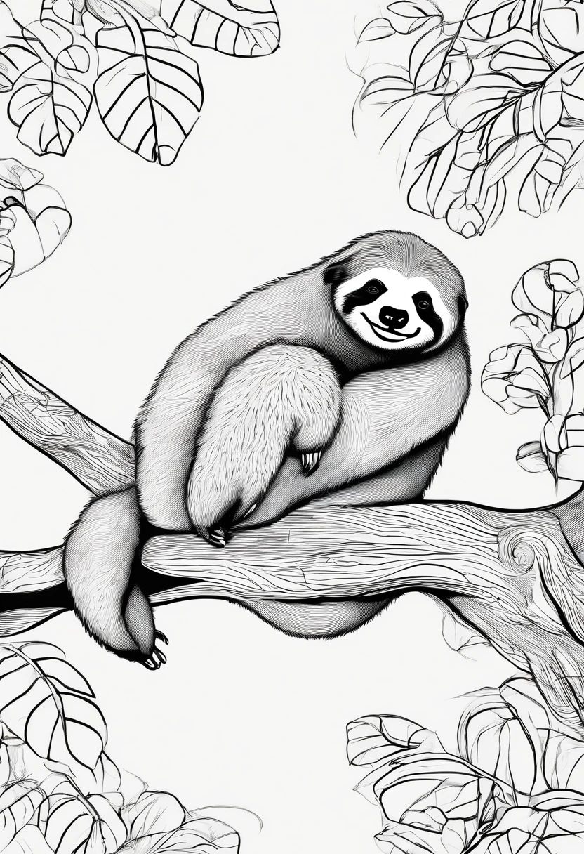 Sloth sleeping on a tree　White background　line-drawing　white and black　Cute　simple