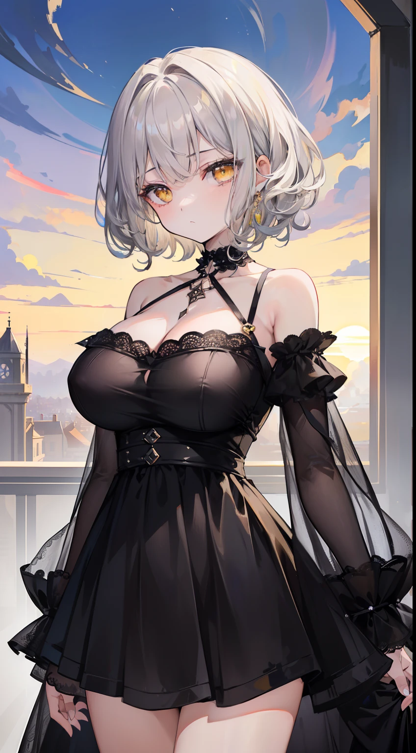 (top-quality、​masterpiece、high-level image quality、Super delicate)、((a beauty girl))、(Smooth dull silver hair)、(curly short hair、Long bangs)、Yellow eyes like a brilliant sunset、Black Choker、Black shirt、Idle Streamer、Moderately large breasts、(dark circles under the eyes)、glamor