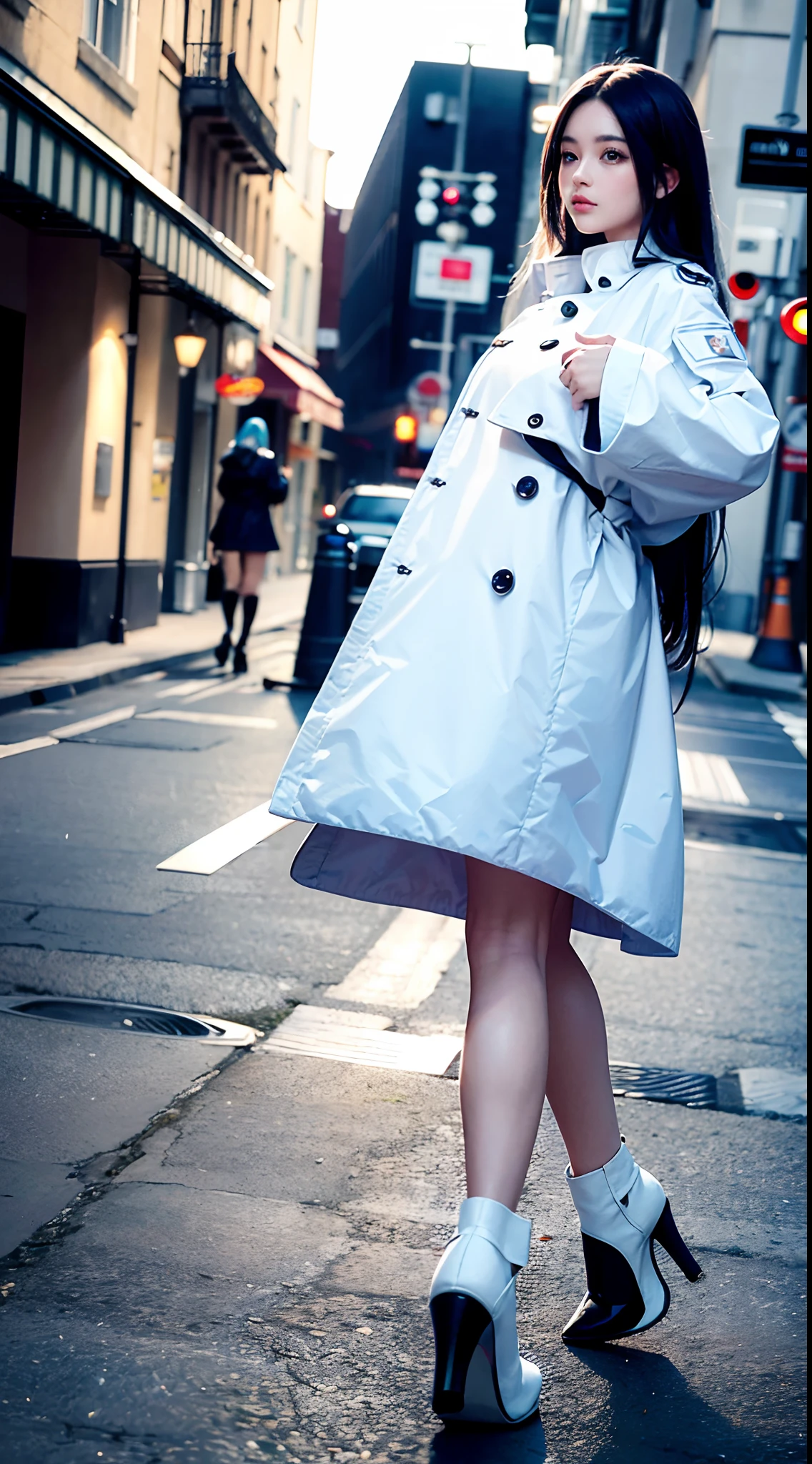 (Best quality,4K,8K,A high resolution,Masterpiece:1.2),Ultra-detailed,(Realistic,Photorealistic,photo-realistic:1.37),Long-range shooting,Blue-haired woman,Hair falls on the left shoulder,Wears a white trench coat lined in red, blackminiskirt,Patterned stockings,High heels,Walking on the street,Portrait,conceptual art,Blurred background,Soft lighting,Vivid tones