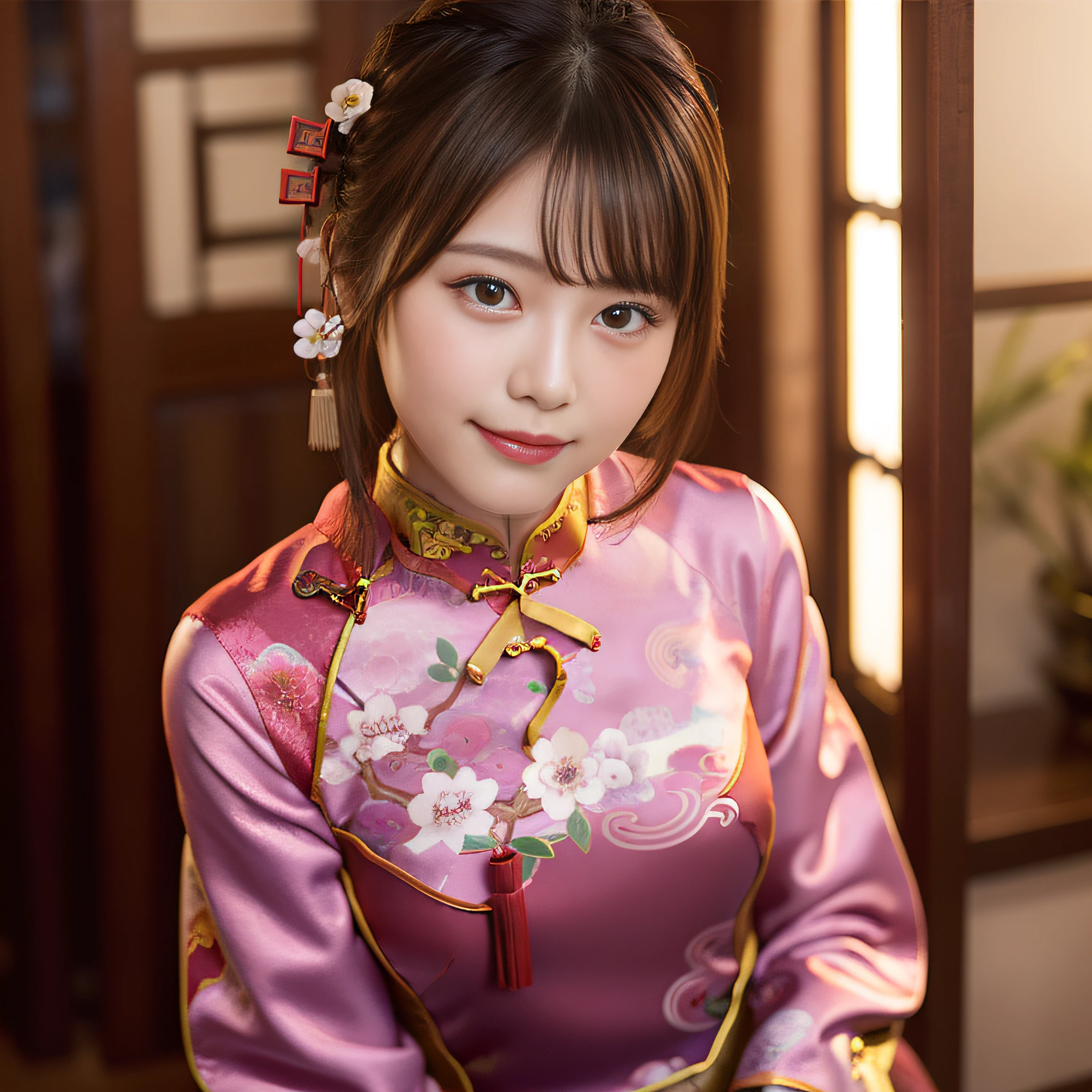 in 8K,Best Quality:1.4, 超A high resolution:1.5, (Photorealistic:1.4),​masterpiece:1.2,(top-quality:1.4)、 Raw photo、 １a japanese girl、 Cute、middlebreasts:1.5、 (Solo:1.8)、Chinese Restaurant、 (Shy smile:1.3), Smooth skin、30-years old:1.5、Beautiful black eyes、natural skin textures:1.3, realistic eyes and face details:1.8、 (Brown medium hair,Bangs), (touch hair:1.4)、nogizaka、 (cheongsam clothing:1.5)、Supple fingertips、Beautiful black eyes、natural skin textures:1.3, realistic eyes and face details:1.7、gazing at viewer、FULL BODYSHOT:1.8、beauty legs、gravure、attractive girl、thighs thighs thighs thighs、is standing、At work