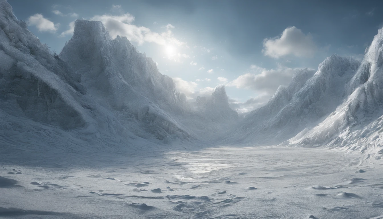 (Distant view)Best quality, Masterpiece, 1 Frost Kingdom, snowfield, high resolution, (photograph realistic:1.4), surrealism, Dream-like,fusionart,