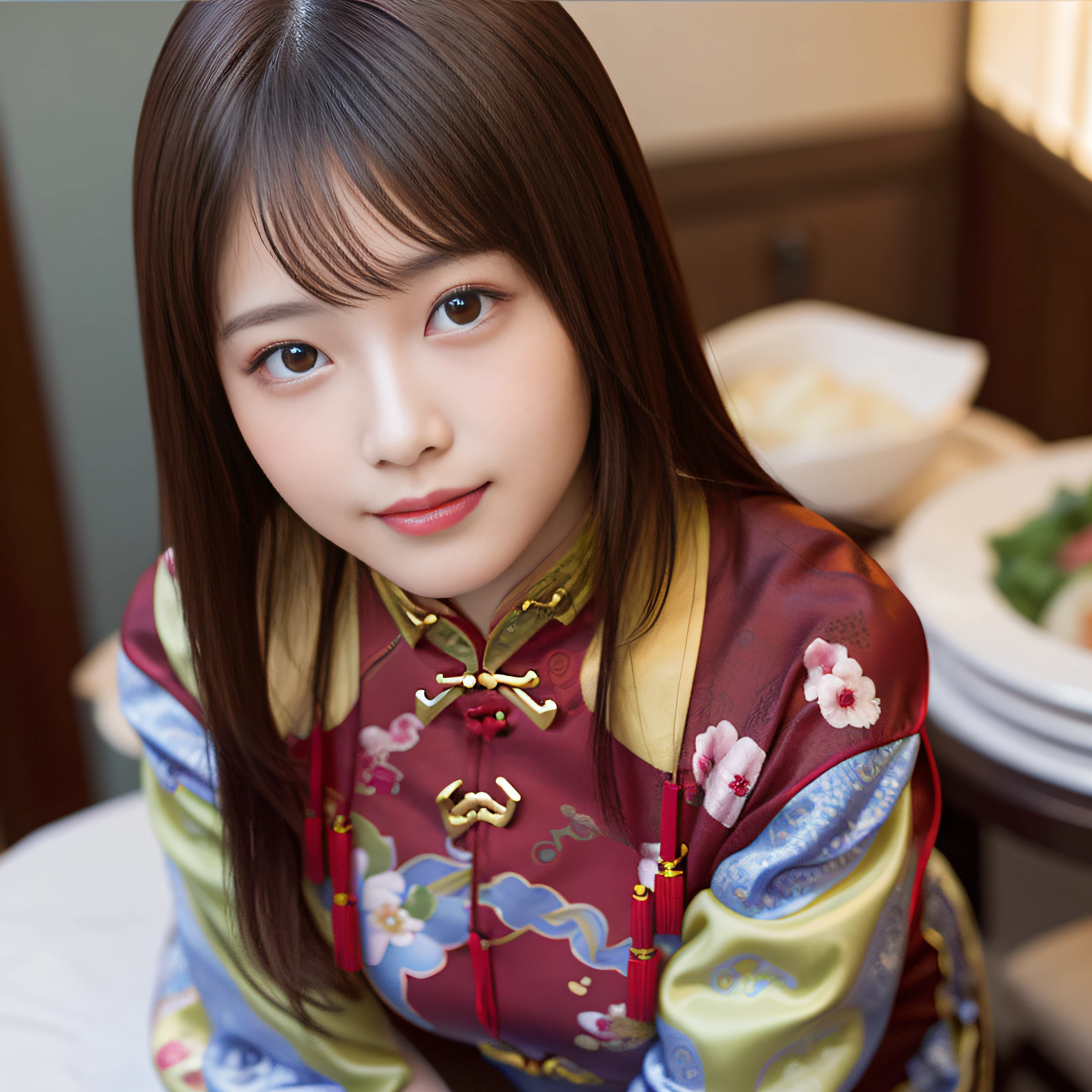 in 8K,Best Quality:1.4, 超A high resolution:1.5, (Photorealistic:1.4),​masterpiece:1.2,(top-quality:1.4)、 Raw photo、 １a japanese girl、 Cute、middlebreasts:1.5、 (Solo:1.8)、Chinese Restaurant、 (Shy smile:1.3), Smooth skin、30-years old:1.5、Beautiful black eyes、natural skin textures:1.3, realistic eyes and face details:1.8、 (Brown medium hair,Bangs), (touch hair:1.4)、nogizaka、 (cheongsam clothing:1.5)、Supple fingertips、Beautiful black eyes、natural skin textures:1.3, realistic eyes and face details:1.7、gazing at viewer、FULL BODYSHOT:1.8、beauty legs、gravure、attractive girl、thighs thighs thighs thighs、is standing、At work