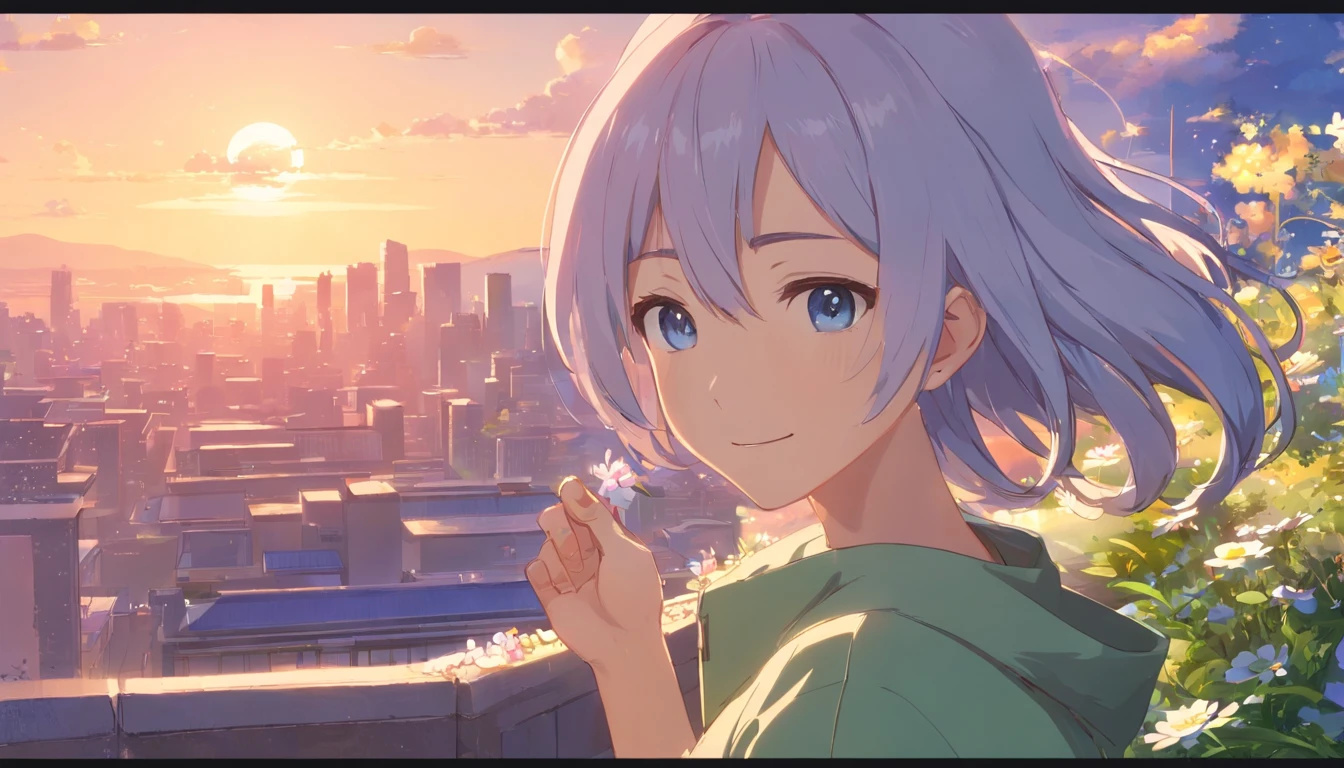 Best quality at best,tmasterpiece,The is very detailed,Face details,8K, detailed back ground,1girll,独奏,Silver hair,eBlue eyes,,long whitr hair,wavey hair,voluminous hair,,,Blushlush,ssmile,Shawl,Chinese city,Chinese service,the night,themoon,scenecy,high place,horizon,ventania,wind blown,flowerbed,looking at viewert