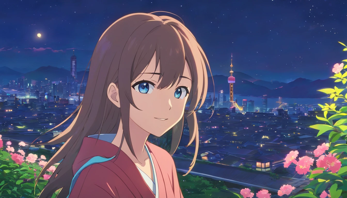Best quality at best,tmasterpiece,The is very detailed,Face details,8K, detailed back ground,1girll,独奏,Silver hair,eBlue eyes,,long whitr hair,wavey hair,voluminous hair,,,Blushlush,ssmile,Shawl,Chinese city,Chinese service,the night,themoon,scenecy,high place,horizon,ventania,wind blown,flowerbed,looking at viewert