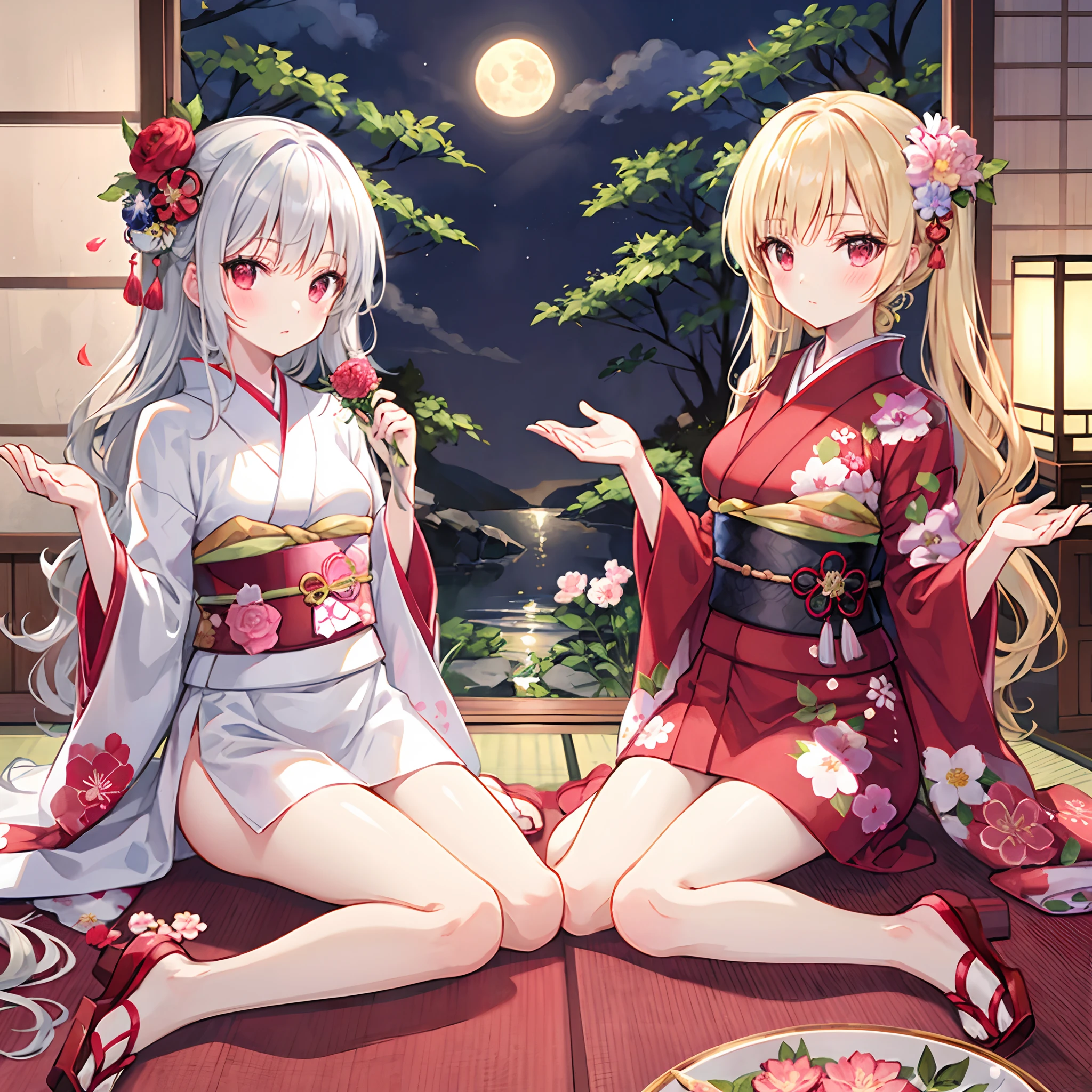 Wavy blonde、Wavy gray hair、red eyes、Two beautiful girls、Floral kimono、Beautiful Moon、natta、red blush、traditional Japanese room