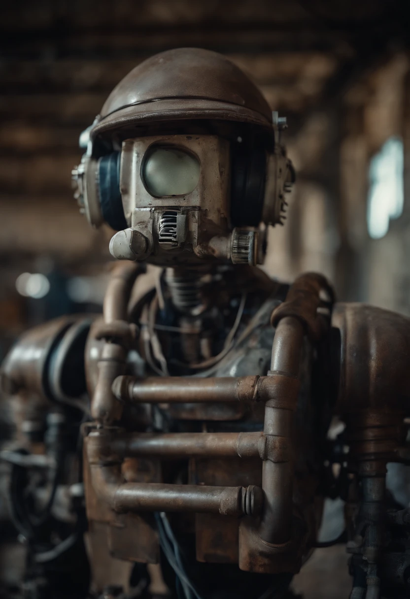 Photo portrait of a robot with a cap wearing headphones made from plastic pipes, dirty water, oils, maintenance, in an old abandoned and rusty factory with his nerdy friend