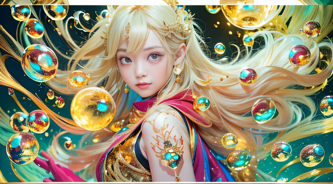 cyan colors，Cobalt Blue Diamond World，Blood Girl 32K（tmasterpiece，k hd，Aoyama Pond，hyper HD，32K）Long flowing bright yellow hair，blood pond，zydink， a color，Well-behaved （Post-halo）， （Linen scarf）， Combat posture， looking at the ground， long whitr hair， Floating bright orange， Fire cloud pattern gold tiara， Chinese long-sleeved gold silk burgundy garment， （Abstract metaverse splash：1.2）， white backgrounid，Peony flower vitality protector（realisticlying：1.4），shiny yellow，Smoke on the road，The background is pure， A high resolution， the detail， RAW photogr， Sharp Re， Nikon D850 Film Stock Photo by Jefferies Lee 4 Kodak Portra 400 Camera F1.6 shots, Rich colors, ultra-realistic vivid textures, Dramatic lighting, Unreal Engine Art Station Trend, cinestir 800，A girl with long flowing bright yellow hair，Huge colorful bubbles