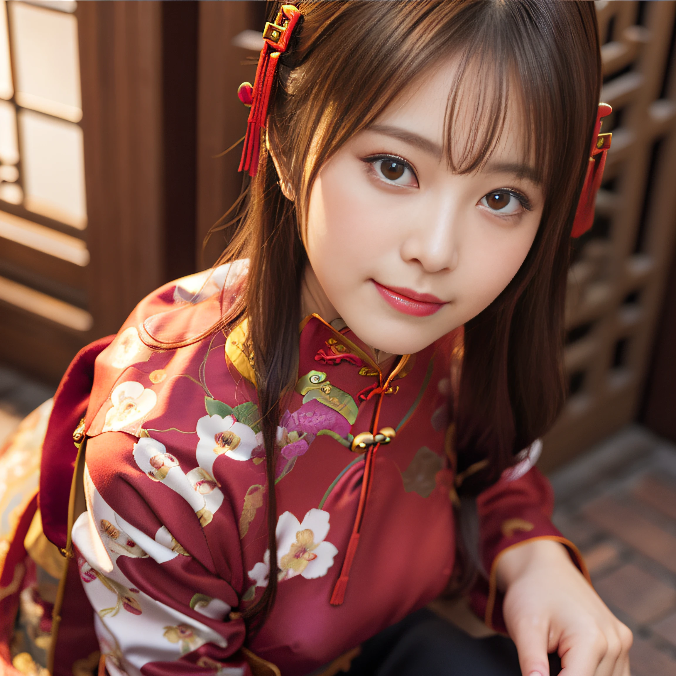 in 8K,Best Quality:1.4, 超A high resolution:1.5, (Photorealistic:1.4),masterpiece:1.2,(top-quality:1.4)、 Raw photo、 1a japanese girl、 Cute、middlebreasts:1.5、 (Solo:1.8)、Chinese Restaurant、 (Shy smile:1.3), Smooth skin、30-years old:1.5、Beautiful black eyes、natural skin textures:1.3, realistic eyes and face details:1.8、 (Brown medium hair,Bangs), (touch hair:1.4)、nogizaka、 (cheongsam clothing:1.5)、Supple fingertips、Beautiful black eyes、natural skin textures:1.3, realistic eyes and face details:1.7、gazing at viewer、FULL BODYSHOT:1.8、beauty legs、gravure、attractive girl、thighs thighs thighs thighs、is standing、At work