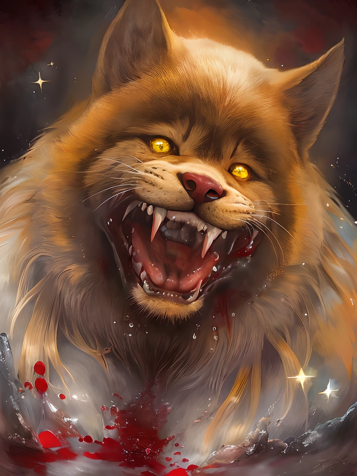(best quality,ultra-detailed,realistic:1.37), monster,sparkling eyes,grin,huge white fangs,splashes of blood,otherworldly