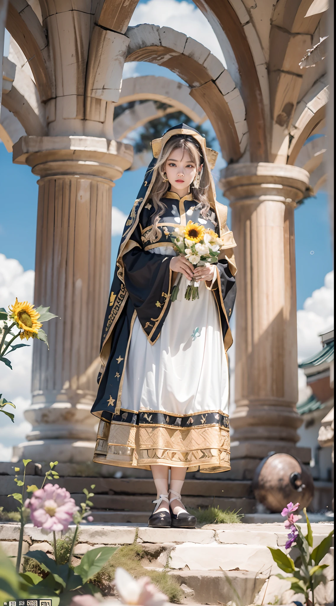 In a very grand scene，The extra-large wide-angle lens captures the appearance of a female centaur。She is a Sunflower Worship nun，Facing it（Knitted sunflower puppet with cartoon smiley face expression：99.99）DOA。She is tall，It has the ultimate curvy beauty，The muscles are slender and firm，Beautiful lines。She has（Super huge sky blue eyes：99.99）、always（Wearing sexy glasses：6.66）、（She wears solemn nun attire：9.9）、Stepping on a boot-style skyscraper-heel、A pink cross hangs on his chest。Use Midjourney's advanced tools，Designed for female centaurs（Cartoon smiley face in the center of the flower tray of huge knitted sunflower puppet super healing：99.99），This is the icon of God woven from high-grade yarn，and noble and solemn nun costumes，and highlight her unique physiological characteristics and appearance details，Add realism。And in the context of her prayers and listening to confessions，Spectacular views of nature，Such as the sky where storms and sunny days alternate、Brilliant rivers of stars and auroras、The snow-capped summit of Mount Everest、Fireworks in the mountain town, etc。ao mesmo tempo，Away from the hustle and bustle next to the chapel，Create a fantastic scene。Use Midjourney's advanced tools and multiple color palettes、Brush Strokes、Texture tools and model packages，It shows a sense of atmosphere where beauty and charm coexist。The charm of the female centaur is highlighted through color and lines，Enhance realism with detailing，Create a surreal dreamy feeling。Additionally，Use Midjourney's tools to add various exorcism props and books to the female centaur、pergaminhos，Create intricate hairstyles and outfits，Give her a sense of premium。She never flinches，No matter what monster you encounter，can respond quickly，Even the most extreme armies of natural disasters and monsters could not stop her and her front（Sunflower with Tyndall effect that emits sunlight9.99）。Use Midjourney's powerful tools，You can do it with incredible detail and beauty，Bring this ultra-grand and beautif