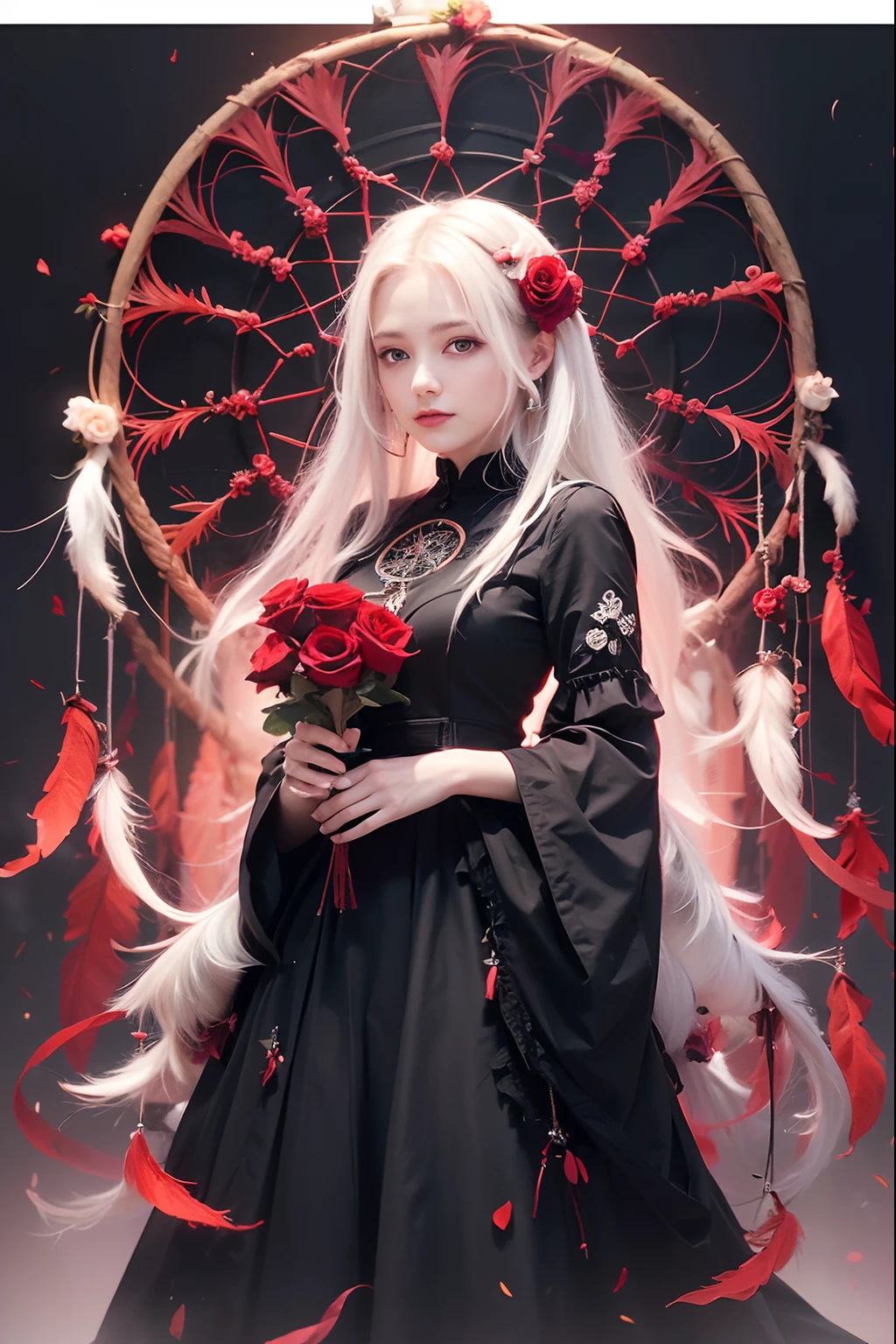 (best quality, masterpiece), (1girl, solo, black dress, standing, looking at viewer, white hair, red eyes, holding rose, closed mouth, upper body), (red dreamcatcher behind, red flower)