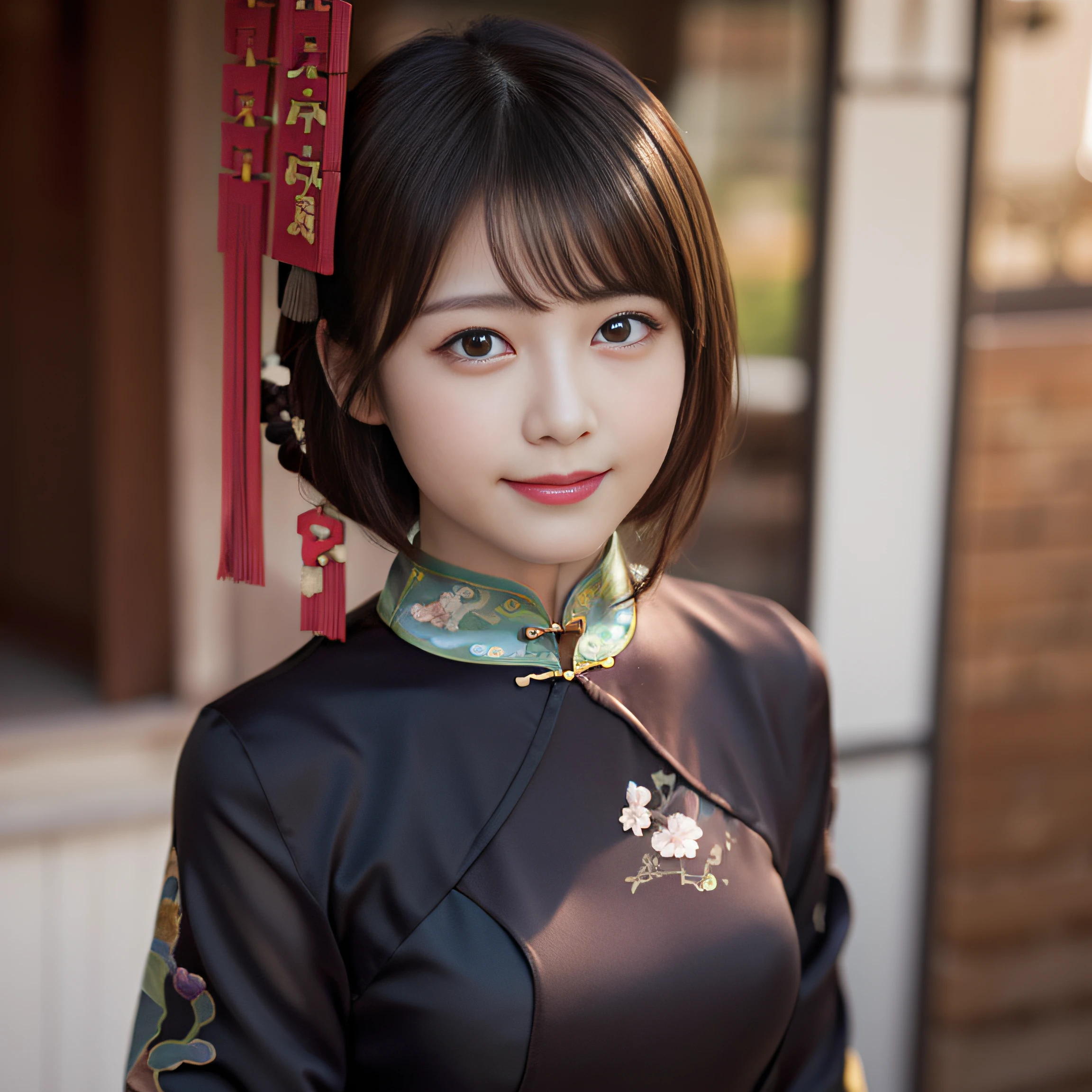 in 8K,Best Quality:1.4, 超A high resolution:1.5, (Photorealistic:1.4),masterpiece:1.2,(top-quality:1.4)、 Raw photo、 1a japanese girl、 Cute、middlebreasts:1.5、 (Solo:1.4)、Chinese Restaurant、 (Shy smile:1.3), Smooth skin、30-years old:1.5、Beautiful black eyes、natural skin textures:1.3, realistic eyes and face details:1.8、 (Brown medium hair,Bangs), (touch hair:1.4)、nogizaka、 (cheongsam clothing:1.5)、Supple fingertips、Beautiful black eyes、natural skin textures:1.3, realistic eyes and face details:1.7、gazing at viewer、FULL BODYSHOT:1.8、beauty legs、gravure、attractive girl、thighs thighs thighs thighs、is standing、At work