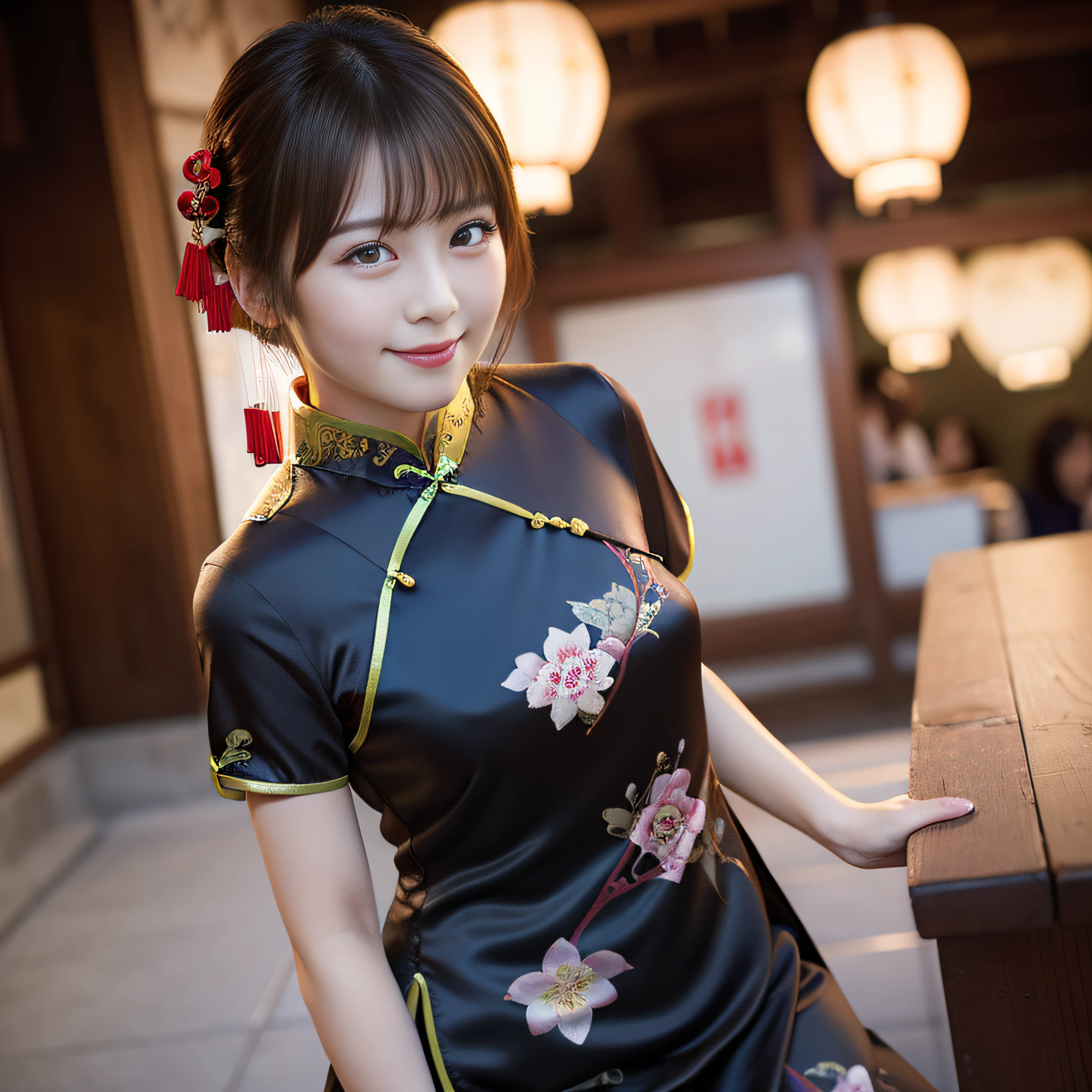 in 8K,Best Quality:1.4, 超A high resolution:1.5, (Photorealistic:1.4),masterpiece:1.2,(top-quality:1.4)、 Raw photo、 1a japanese girl、 Cute、middlebreasts:1.5、 (Solo:1.8)、Chinese Restaurant、 (Shy smile:1.3), Smooth skin、30-years old:1.5、Beautiful black eyes、natural skin textures:1.3, realistic eyes and face details:1.8、 (Brown medium hair,Bangs), (touch hair:1.4)、nogizaka、 (cheongsam clothing:1.5)、Supple fingertips、Beautiful black eyes、natural skin textures:1.3, realistic eyes and face details:1.7、gazing at viewer、FULL BODYSHOT:1.8、beauty legs、gravure、attractive girl、thighs thighs thighs thighs、is standing、At work