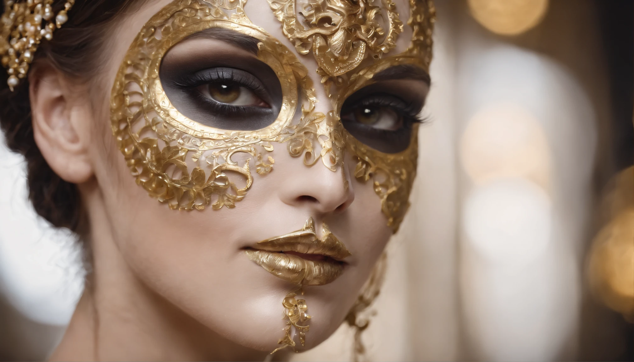 woman dressed golden and gold makeup,in the style of skull motifs,covered in luxurious jewelry, jewelry, luxury, dark white and dark bronze, jewelry by painters and sculptors,high details,realistic,ultra intricate detailing, 8k, Cinematic Lighting, cinematic