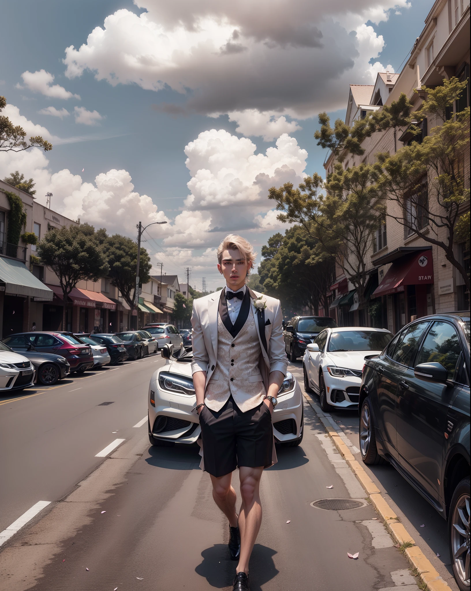 clothed male, pastel color, surreal, dreamy, flying flowers, flying petals, detailed eyes, intricate details, kendall, beautiful face, beautiful eyes, filigree, white choker, suit|tuxedo, earrings, bracelet, cleavage, (rim light), sunset light, warm light, blurry background, sport car,
