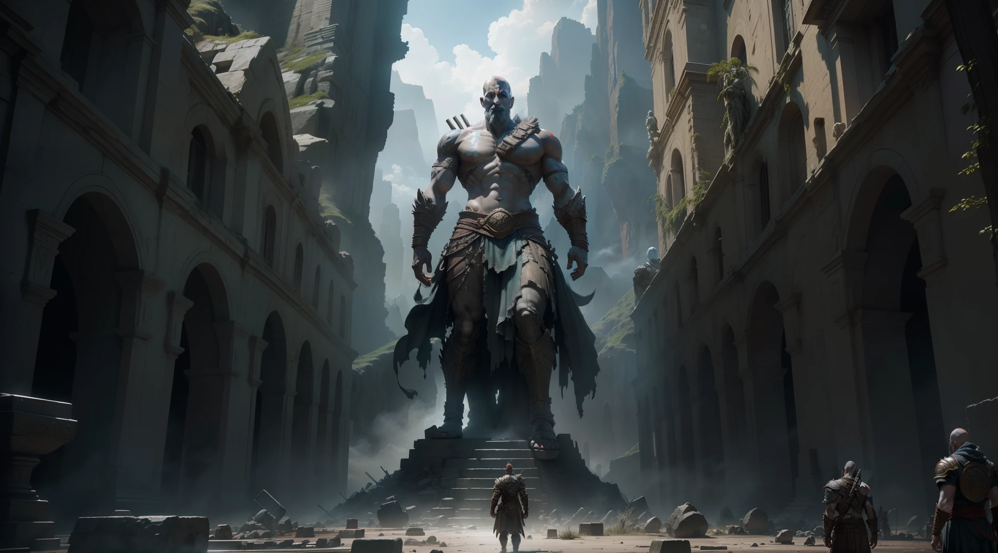 arafed image of a giant statue in a ruined city, film still from god of war, cryengine, cryengine 8 k, square enix cinematic art, uhd 8 k cryengine, uhd 8k cryengine, big video statues, intricate and epic concept art, videogame still, huge statues, cryengine 8k uhd