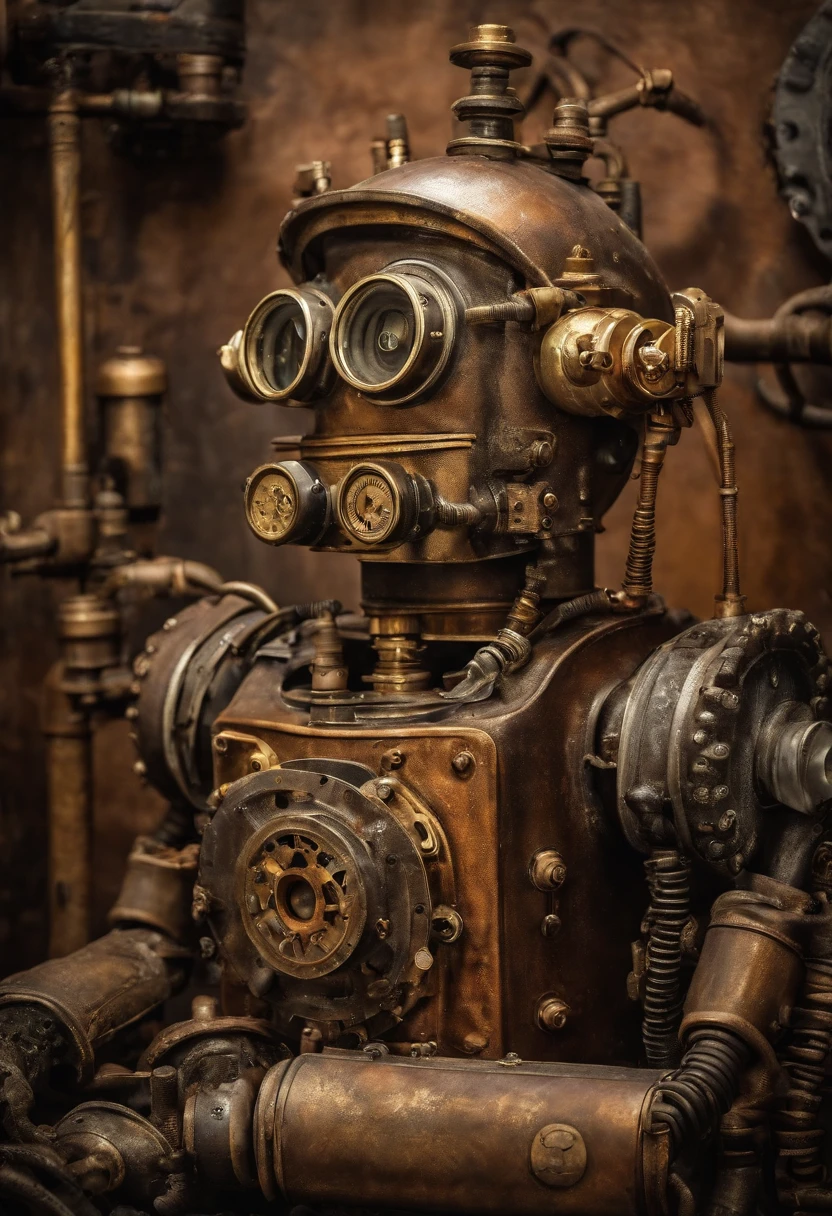 Photo portrait of a robot with a cap wearing headphones made from plastic pipes, dirty water, oils, maintenance, in an old abandoned and rusty factory with his nerdy friend