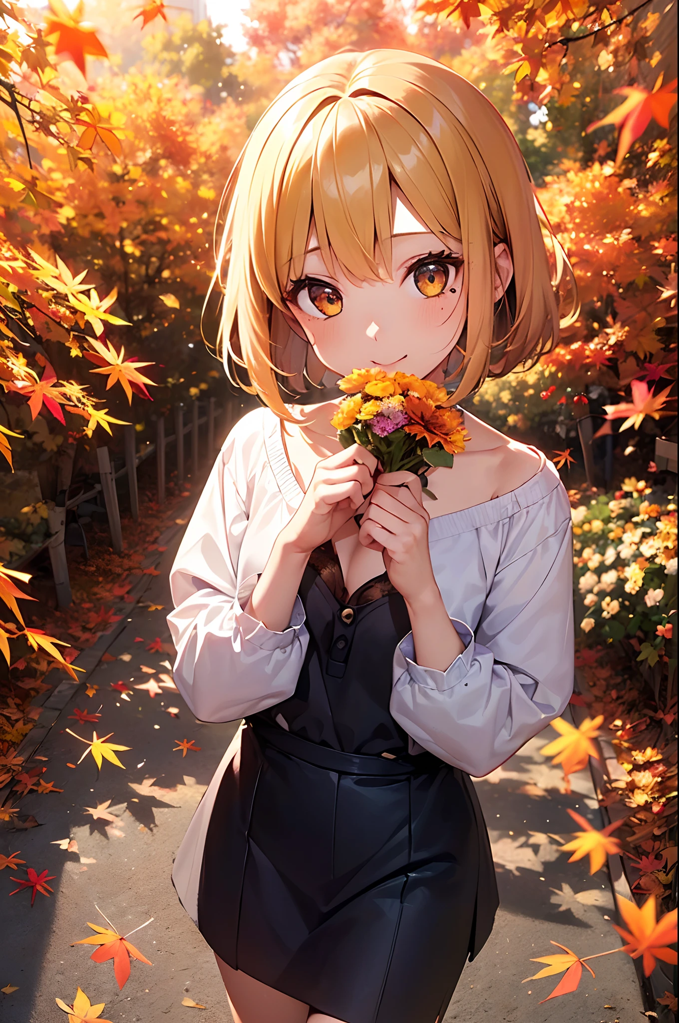 (Girl with a nasty appearance:1.3),(Autumn Park:1.5),(and chest:1.4),Raw photography, top-quality, hight resolution, (​masterpiece), (Photorealsitic:1.4), (Mole under the eyes),foco nítido, nffsw, 8K分辨率, intricate detailes, depth of fields, the Extremely Detailed CG Unity 8K Wallpapers, front lit, femele,25-years old、 Cheerful face、Crisp eyes、(take a walk:1.5)、see -through、(Medium Short Bang Gold Hair:1.3)、Orange-eyed,(Enjoy the autumn leaves:1.5)、(Autumn outfit:1.3)、Bright background,(holding a bouquet of flowers in your hands:1.5)