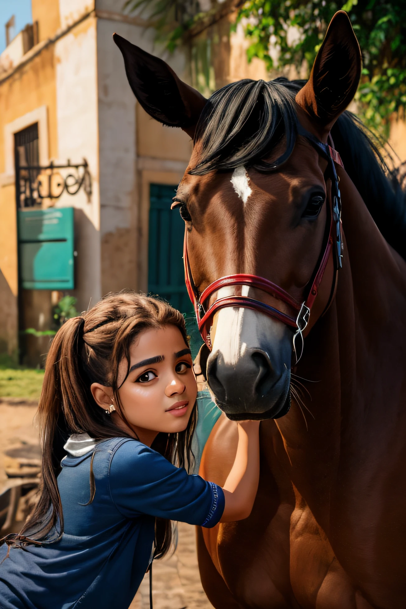 deixe o cabelo da garota na altura dos ombros e ofucinho do cavalo da cor do restante do corpo