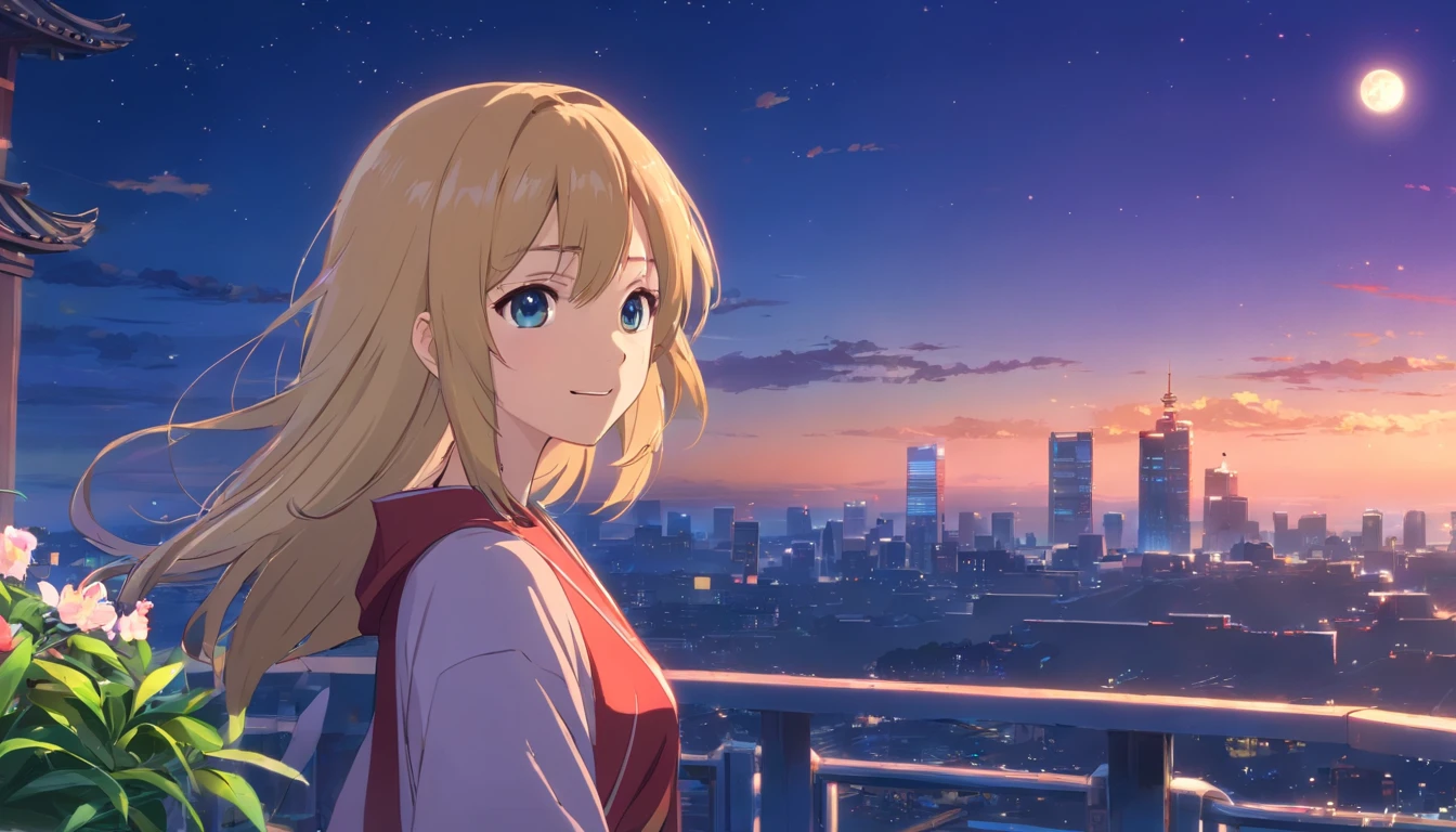 Best quality at best，tmasterpiece，The is very detailed，Face details，8K, detailed back ground，1girll，独奏，Blonde hair，eBlue eyes，，long whitr hair，wavey hair，voluminous hair，，，Blushlush，ssmile，Shawl，Chinese city，Chinese service，the night，themoon，scenecy，high place，horizon，ventania，wind blown，flowerbed，looking at viewert