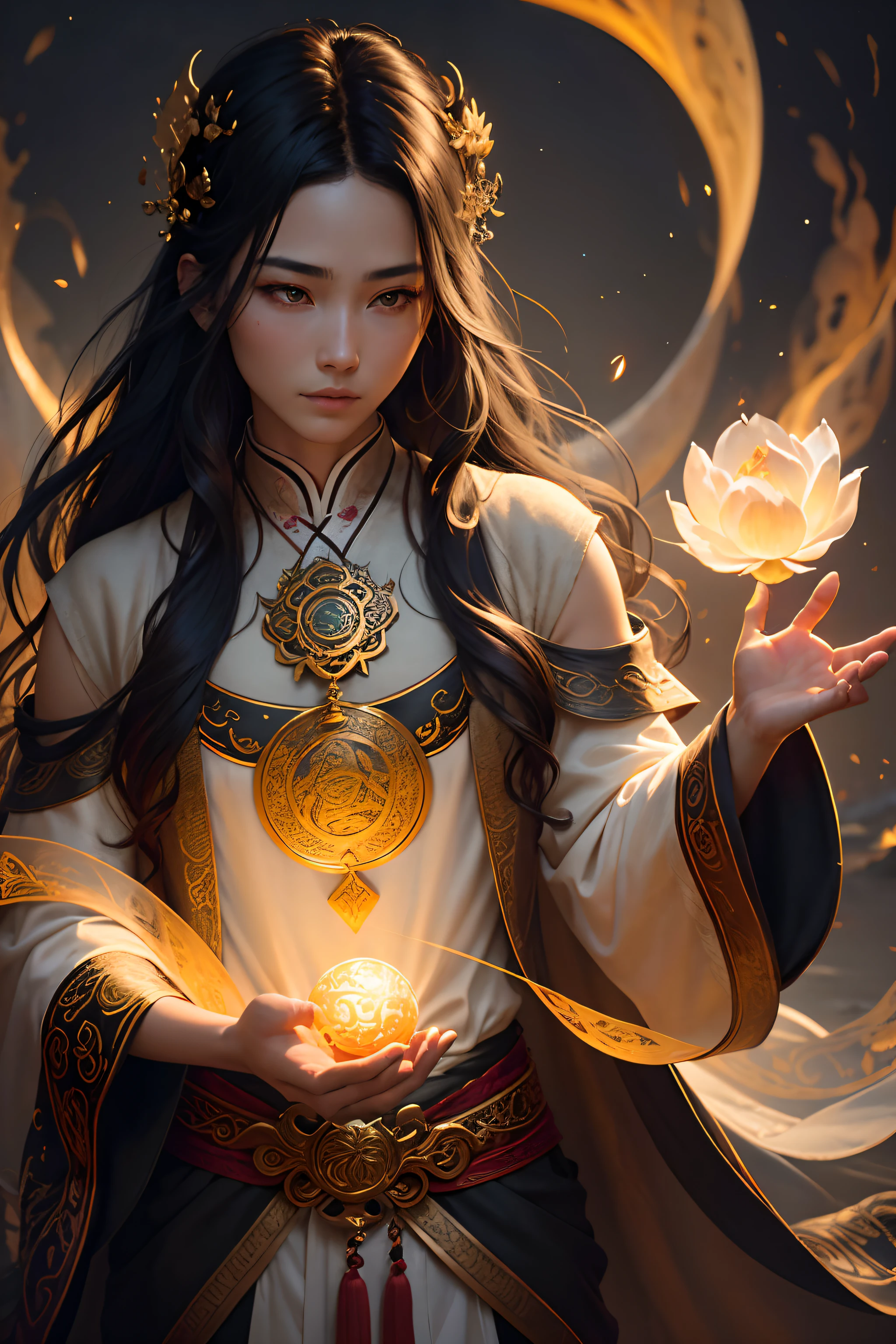 (best quality,4k,8k,highres,masterpiece:1.2),ultra-detailed,(realistic,photorealistic,photo-realistic:1.37),ancient Chinese style,fantasy,xianxia novel cover,one male character,in the background depicting a celestial realm with gods and mythical creatures,soft lighting emanating from a glowing lotus flower,loose black hair flowing with a hint of glowing strands,flowing robes with intricate golden embroidery,ornate celestial talismans engraved with ancient scripts adorned on the robes,pose with one hand holding a magic talisman,face with a determined expression and bright eyes filled with wisdom,subtle mist surrounding the character creating an ethereal and mysterious atmosphere,vivid colors highlighting the vibrant nature of the scene,subtle warm color palette creating a sense of peace and tranquility,brushstroke texture resembling traditional Chinese ink painting,ornamental clouds and celestial flames adding depth and magic to the composition,subtle rays of light shining upon the character as if blessed by the divine,subtle bokeh effect in the background to create a dreamy and otherworldly feel.