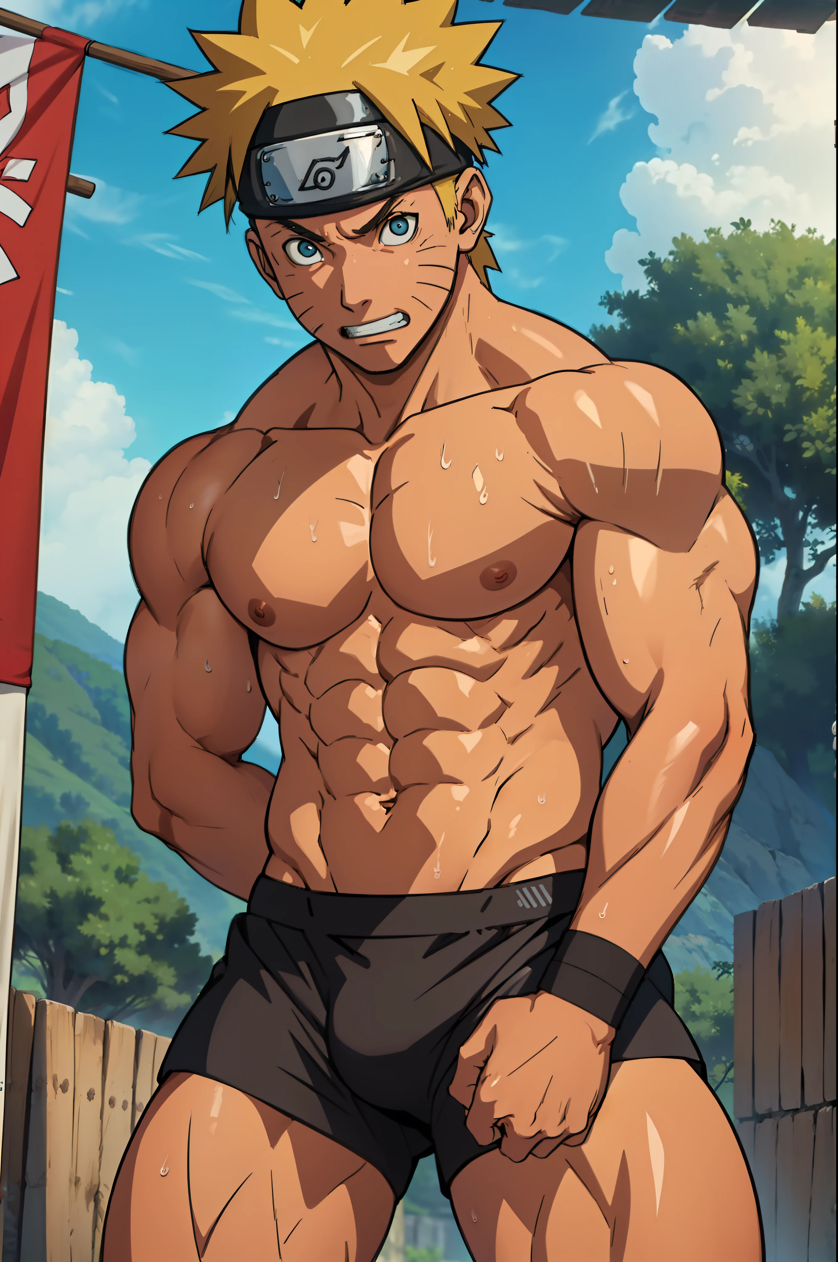 (photo subject: Close-up of muscular thigh muscles ) (photo angle from bottom up)(Drawings of Naruto anime) (photo angle from the ground upwards) [Anime photo][highest quality photo][4k,HD photo quality] ( wearing tight triangle underwear )( thigh muscles  snake, muscular thighs, sinewy thighs) ,Uzumaki Naruto fun, happy,bodybuilder,bodybuilding, standing, red skin,reddish brown skin, lots of sweat flowing down, topless, shirtless, hot sunny, (do not wear banners,do not wear headbands)