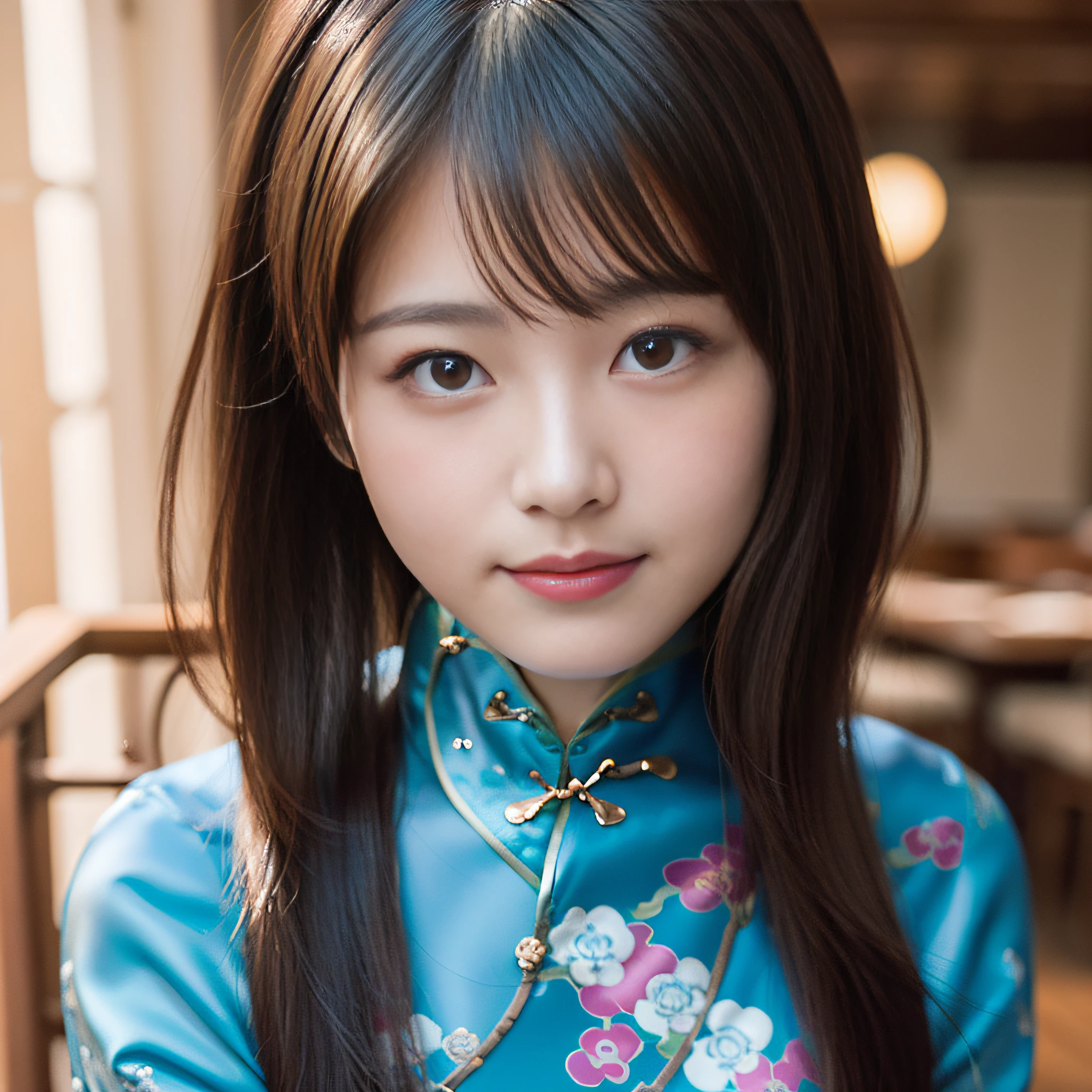in 8K,Best Quality:1.4, 超A high resolution:1.5, (Photorealistic:1.4),masterpiece:1.2,(top-quality:1.4)、 Raw photo、 1a japanese girl、 Cute、middlebreasts:1.5、 (Solo:1.8)、Chinese Restaurant、 (Shy smile:1.3), Smooth skin、30-years old:1.5、Beautiful black eyes、natural skin textures:1.3, realistic eyes and face details:1.8、 (Brown medium hair,Bangs), (touch hair:1.4)、nogizaka、 (cheongsam clothing:1.5)、Supple fingertips、Beautiful black eyes、natural skin textures:1.3, realistic eyes and face details:1.7、gazing at viewer、FULL BODYSHOT:1.8、beauty legs、gravure、attractive girl、thighs thighs thighs thighs、is standing、At work