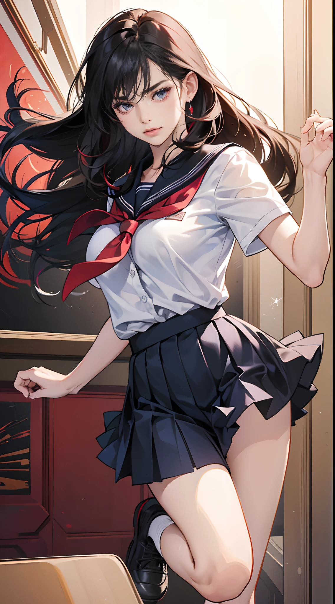 (masterpiece, best quality:1.2), 1girl, standing_split, (standing-sex-front: 1.3), standing missionary,
rei hino, no panty, aamars, long hair, black hair, tiara, earrings, red choker, red sailor collar, purple bowtie, white shirt, elbow gloves, white gloves, pleated skirt, red skirt, bare legs

