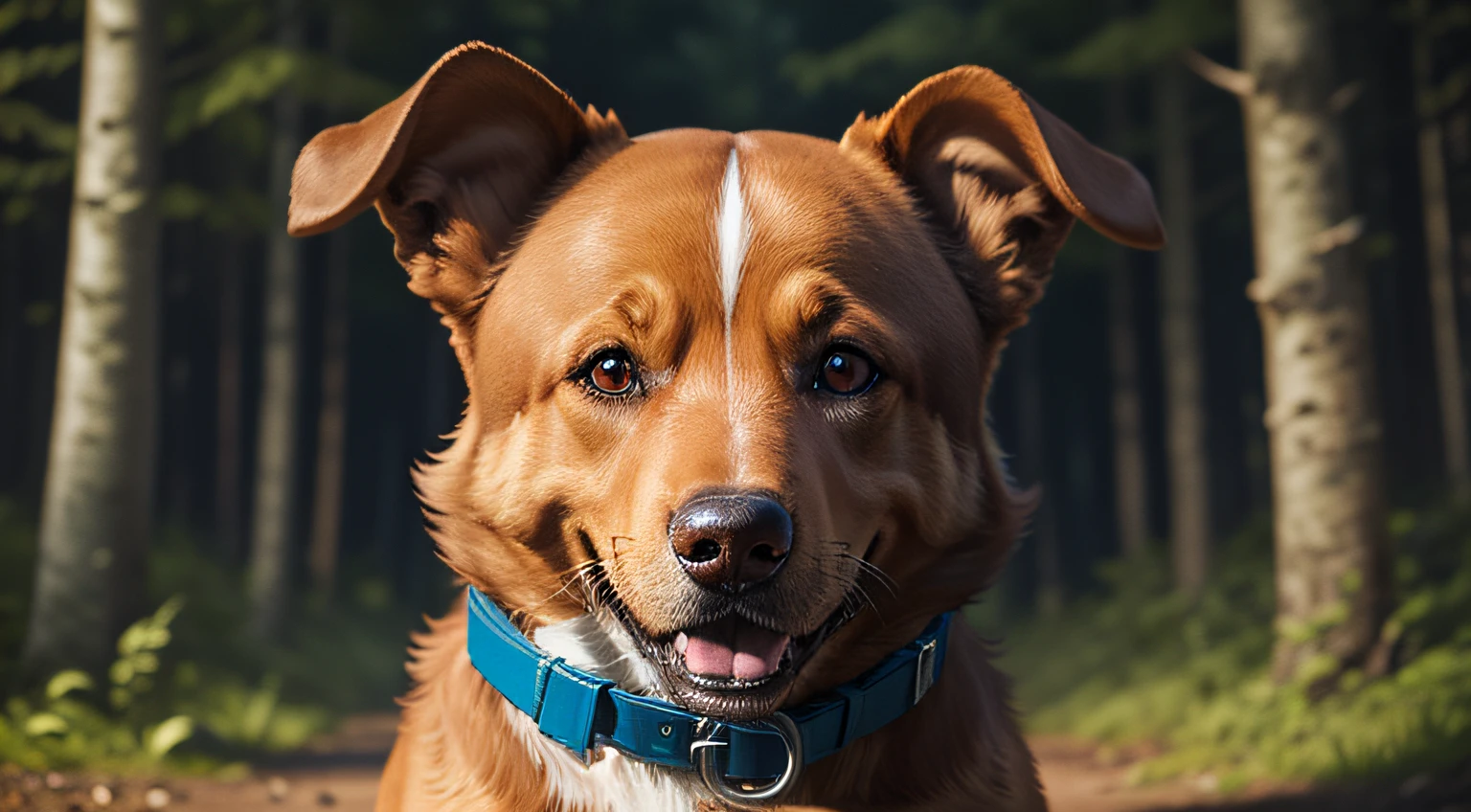 scrappydoo, solo
anthro, male, collar only, smiling
bust portrait, Forest background, low-angle view
detailed realistic photorealism