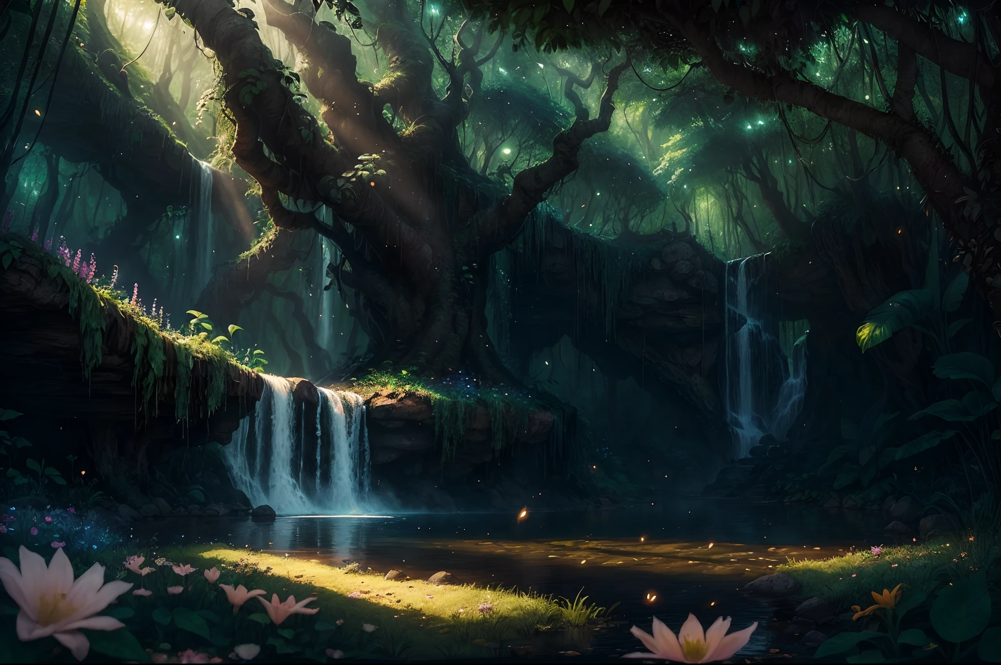 (a fantasy jungle: 1.45), illustration, lush green foliage, (very large colorful flowers: 1.32), (fireflies: 1.24), a waterfall, mysterious animals, majestic trees, magical atmosphere, best quality, high resolution, ultra-detailed, realistic: 1.37, vivid colors, artistic concept Warm and vibrant color palette, soft sunlight filtering through the trees, a fantasy scene