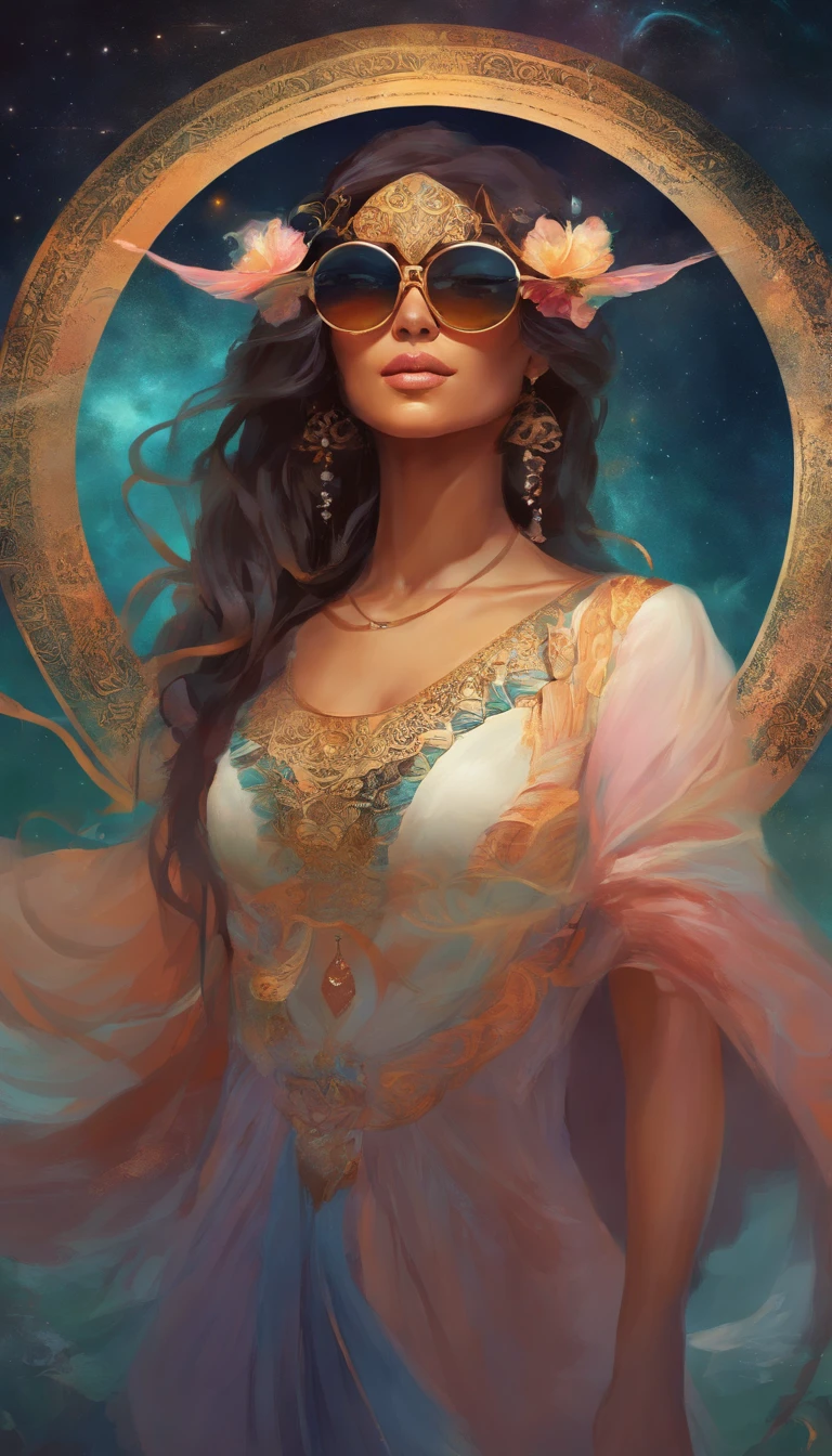 colombian woman, cabelos preto e longos, Laura Crawford style with round sunglasses