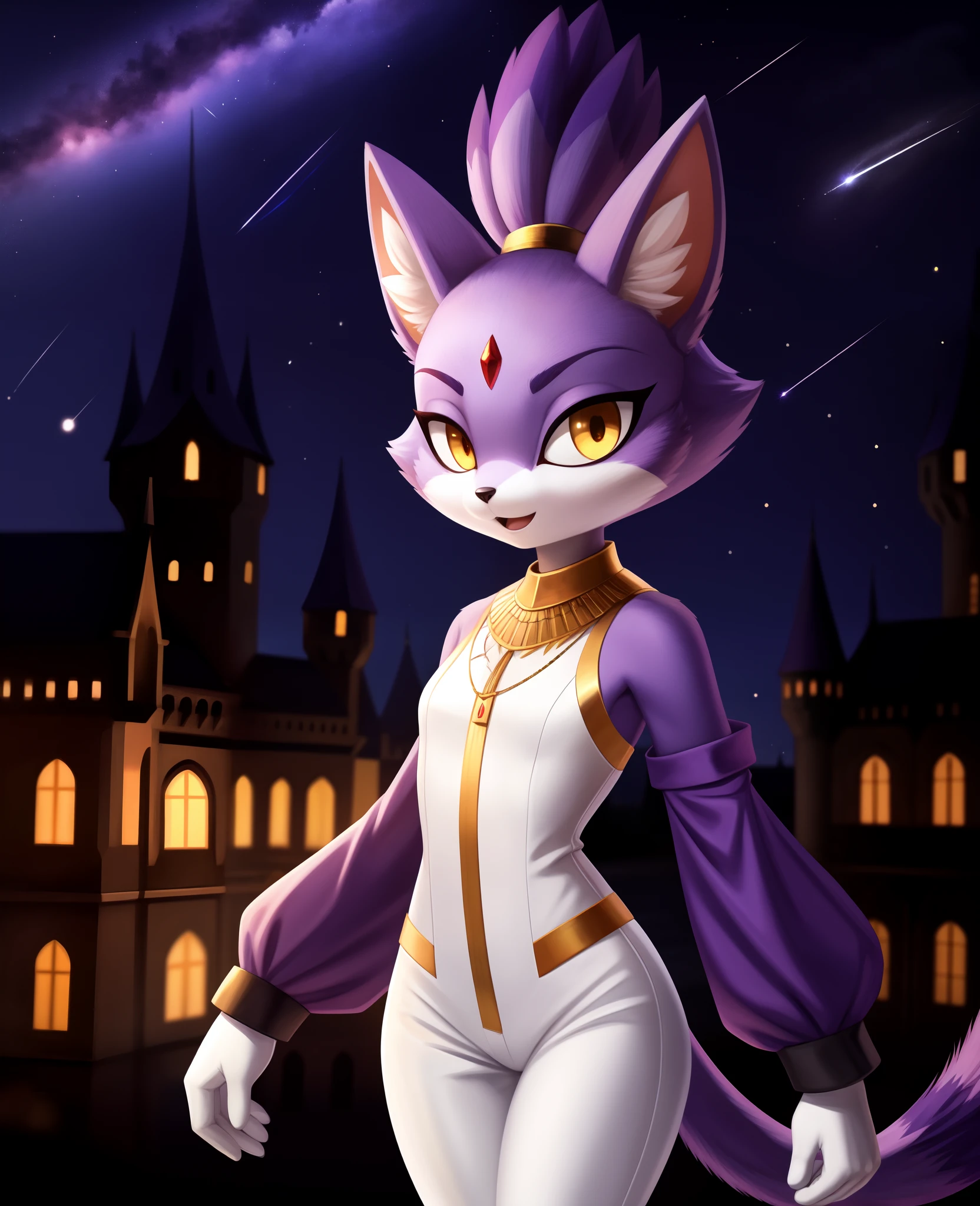 masterpiece, best quality, highres, Blaze The Cat, 1girl, gold necklace, white jumpsuit, animal_ears, closed_mouth, red forehead_jewel, fur-trimmed_gloves, fur_trim, furry, furry_female, gloves, long_sleeves, purple_coat, purple_hair, solo, standing, tied_hair, topknot, white_gloves, white_pants, yellow_eyes, tail, photo background, night sky, castle, solo, shooting star, star \(sky\), perfect hands, perfect anatomy