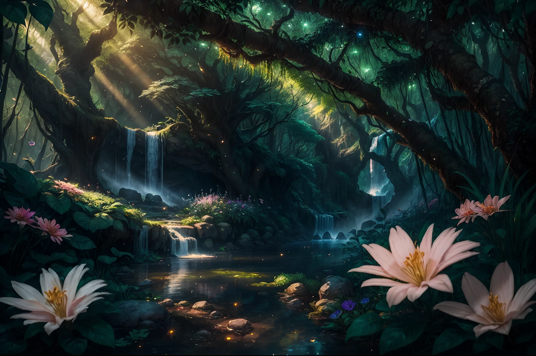 (a fantasy jungle: 1.45), illustration, lush green foliage, (very large colorful flowers: 1.32), (fireflies: 1.24), a waterfall, mysterious animals, majestic trees, magical atmosphere, best quality, high resolution, ultra-detailed, realistic: 1.37, vivid colors, artistic concept Warm and vibrant color palette, soft sunlight filtering through the trees, a fantasy scene