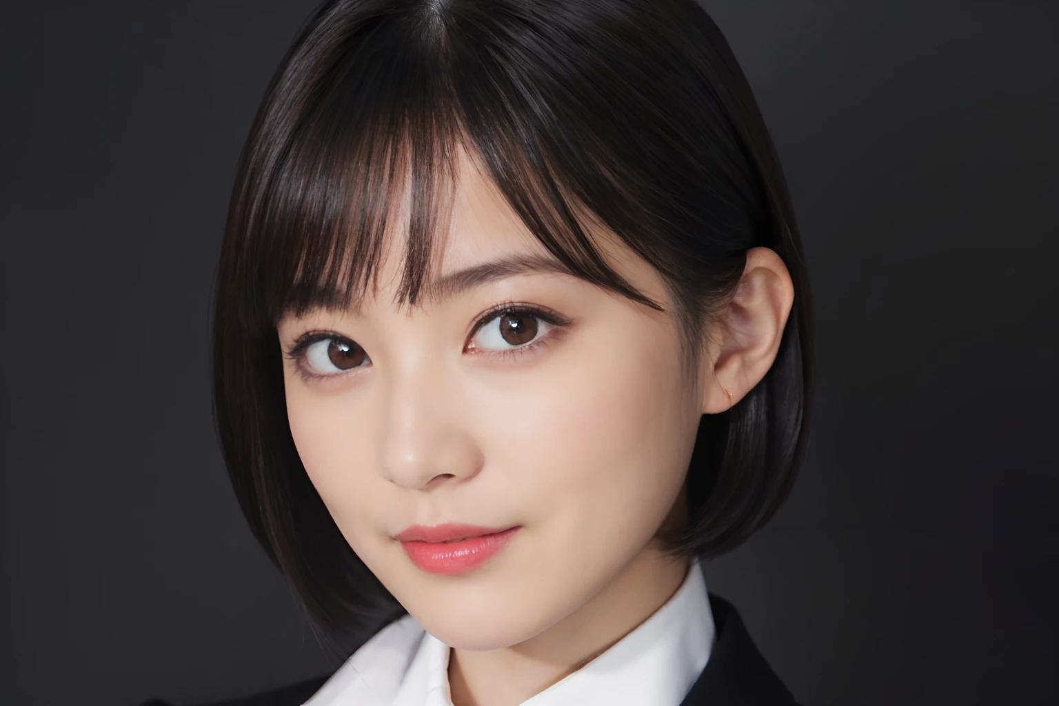 ((1womanl)), (((Black Shorthair))), (masuter piece:1,3)、top-quality、masterpiece、hight resolution、Original、highly detailed wallpaper、jeans、(Tie your hair with a large ribbon), (A slight smil)、a small face、((Full breasts))、(Graphic T-shirt with animal characters printed)、(Light on Face)、Live-action style, Beautiful facial features, darkened room, full-shot, full length