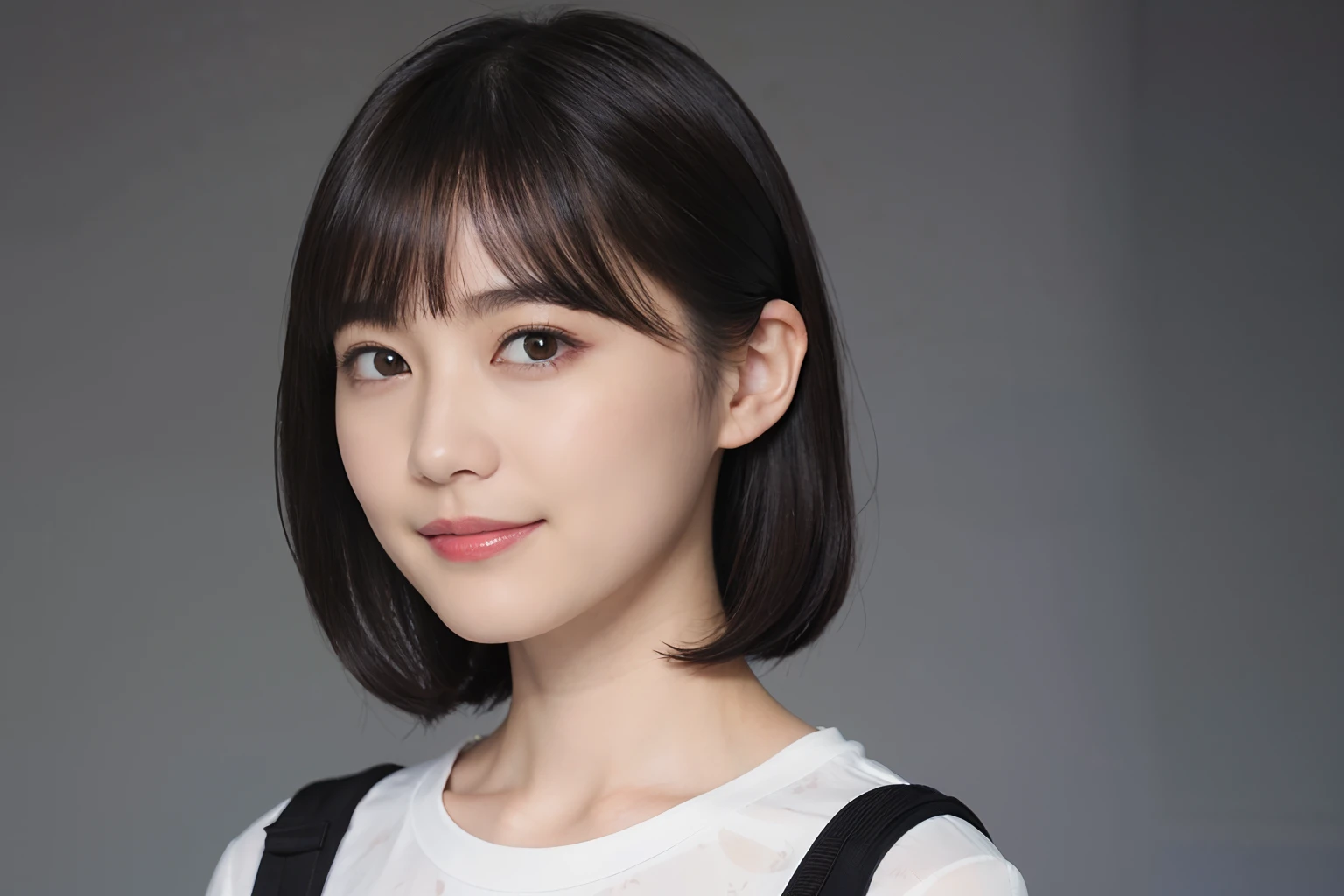 ((1womanl)), (((Black Shorthair))), (masuter piece:1,3)、top-quality、masterpiece、hight resolution、Original、highly detailed wallpaper、jeans、(Tie your hair with a large ribbon), (A slight smil)、a small face、((Full breasts))、(Graphic T-shirt with animal characters printed)、(Light on Face)、Live-action style, Beautiful facial features, darkened room, full-shot, full length