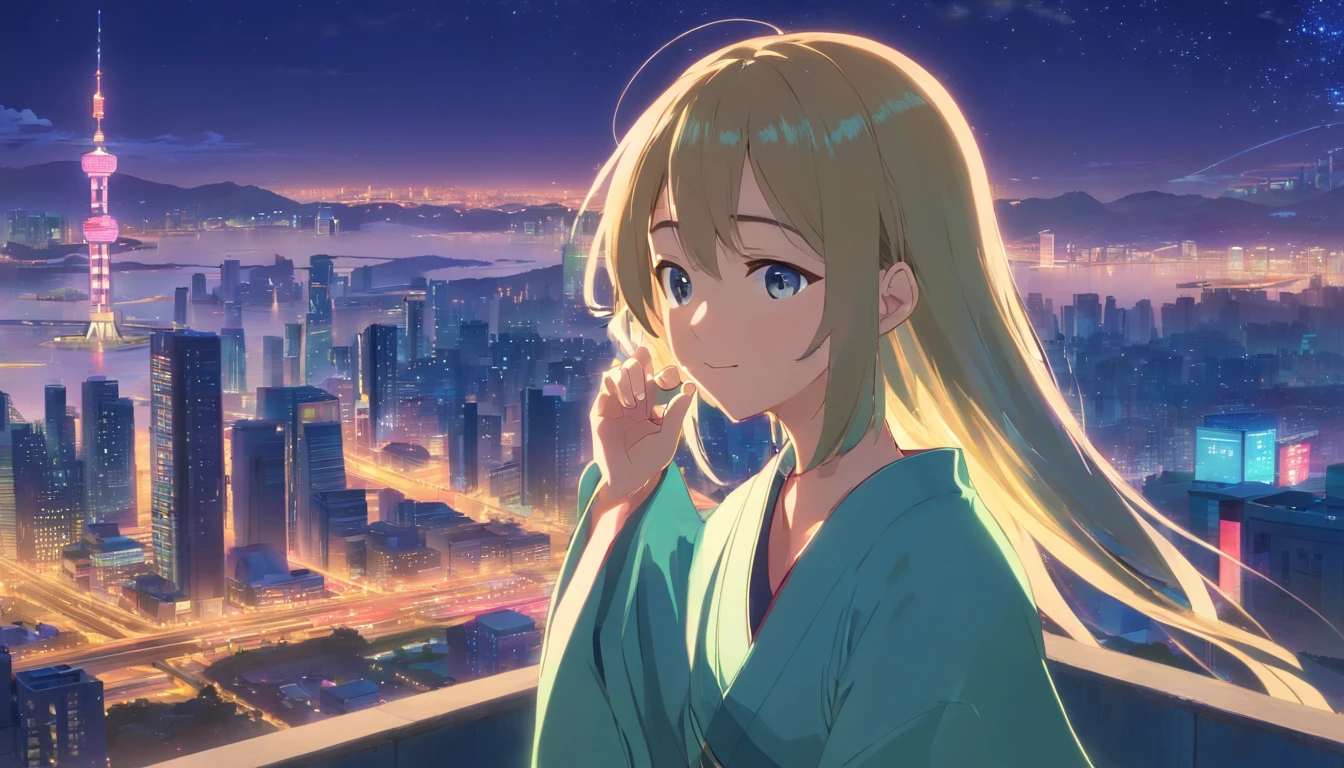 Best quality at best,tmasterpiece,The is very detailed,Face details,8K, detailed back ground,1girll,独奏,Silver hair,eBlue eyes,,long whitr hair,wavey hair,voluminous hair,,,Blushlush,ssmile,Shawl,Chinese city,Chinese service,the night,themoon,scenecy,high place,horizon,ventania,wind blown,flowerbed,looking at viewert