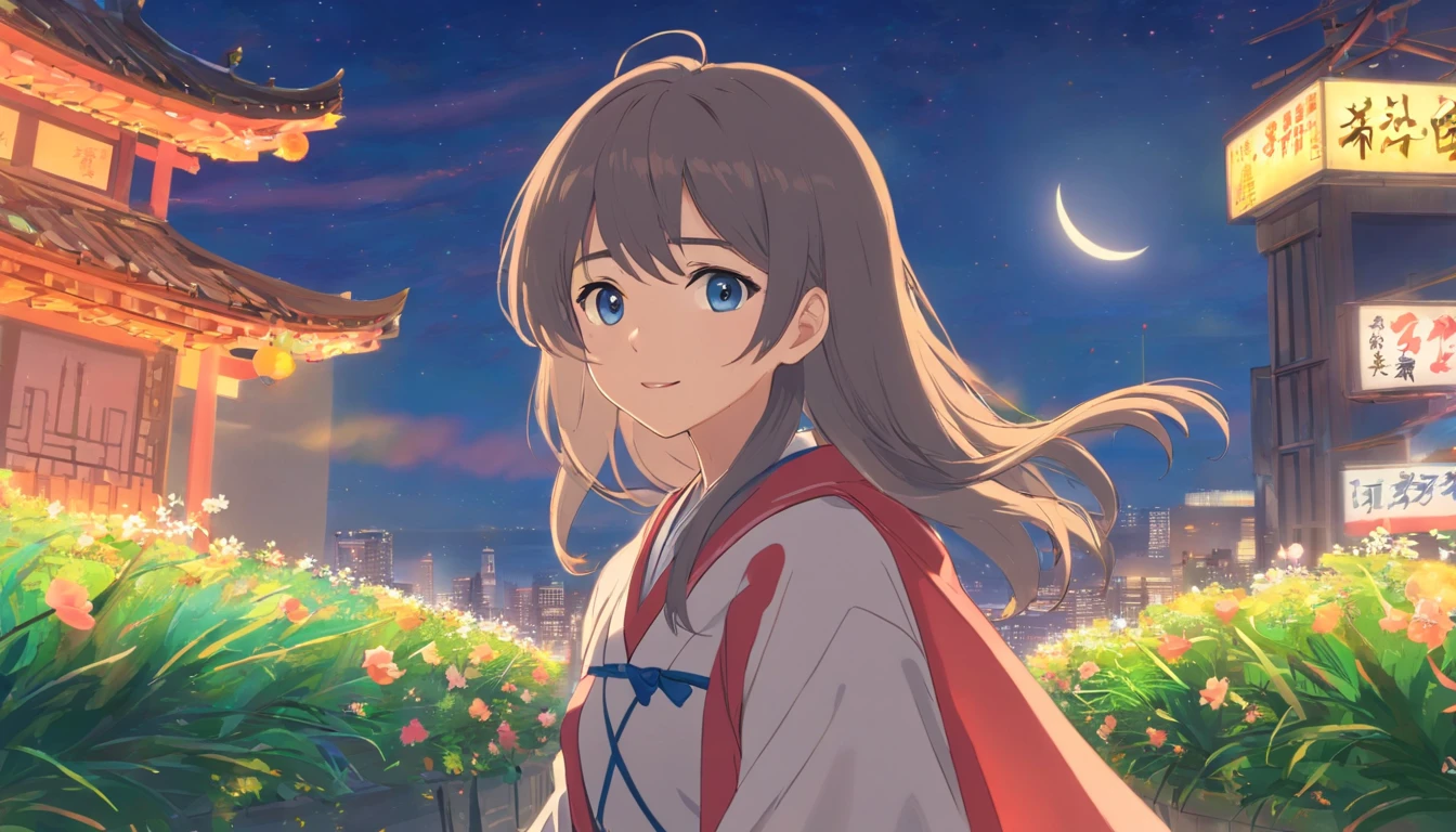 Best quality at best，tmasterpiece，The is very detailed，Face details，8K, detailed back ground，1girll，独奏，Silver hair，eBlue eyes，，long whitr hair，wavey hair，voluminous hair，，，Blushlush，ssmile，Shawl，Chinese city，Chinese service，the night，themoon，scenecy，high place，horizon，ventania，wind blown，flowerbed，looking at viewert