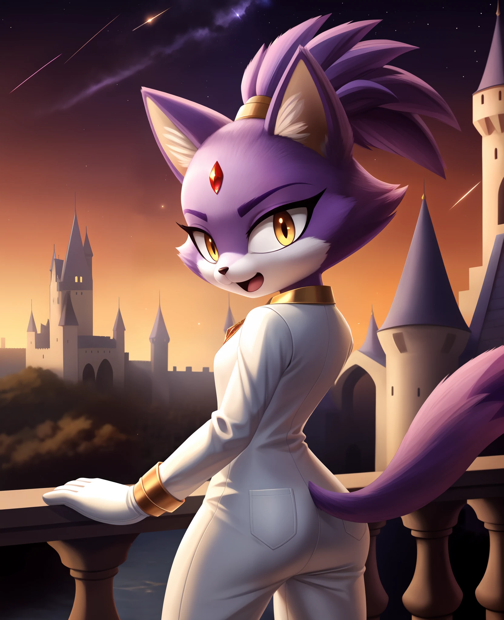 masterpiece, best quality, highres, Blaze The Cat, 1girl, gold necklace, white jumpsuit, animal_ears, closed_mouth, red forehead_jewel, fur-trimmed_gloves, fur_trim, furry, furry_female, gloves, long_sleeves, purple_coat, purple_hair, solo, standing, tied_hair, topknot, white_gloves, white_pants, yellow_eyes, tail, photo background, night sky, castle, solo, shooting star, star \(sky\), perfect hands, perfect anatomy