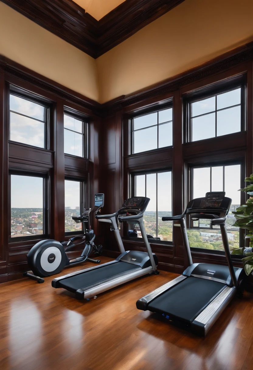 Elegant space，Bright，European style wainscoting，There is a variety of fitness equipment，River view from the window