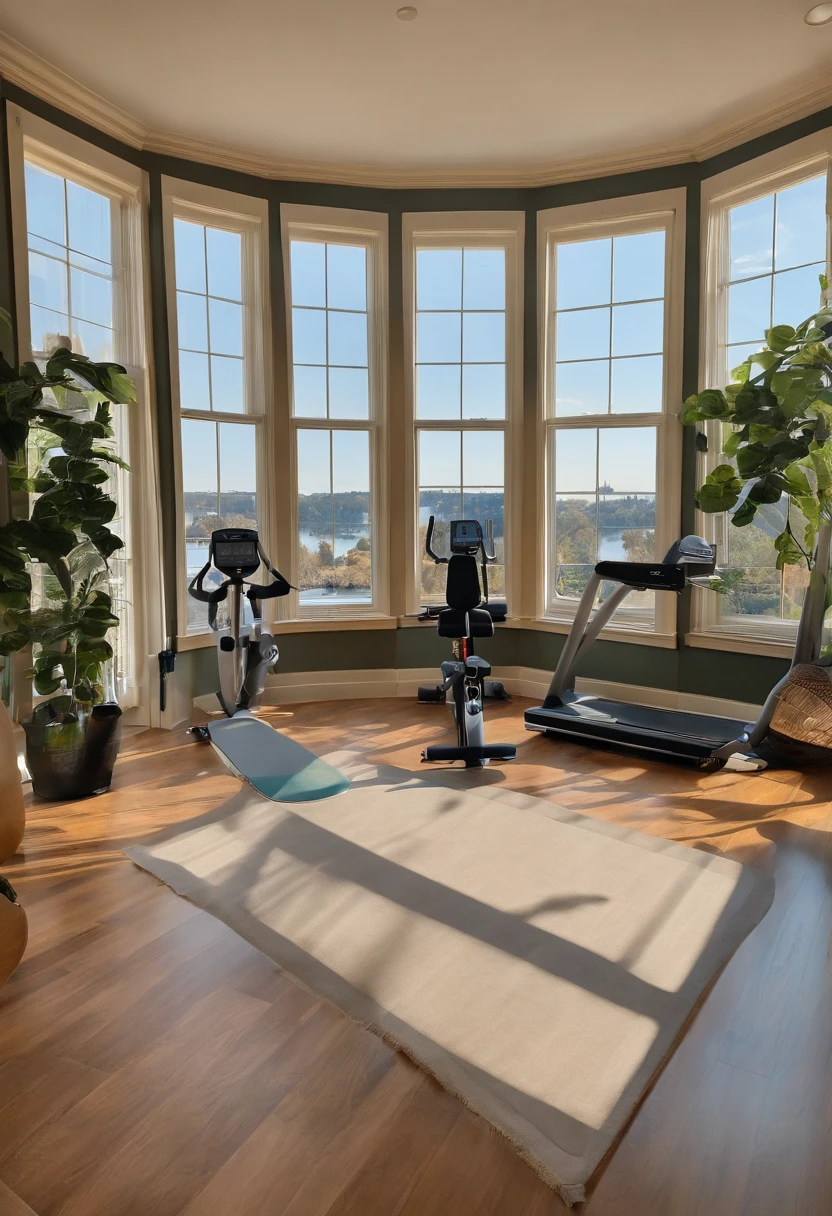 Elegant space，Bright，European style wainscoting，There is a variety of fitness equipment，River view from the window