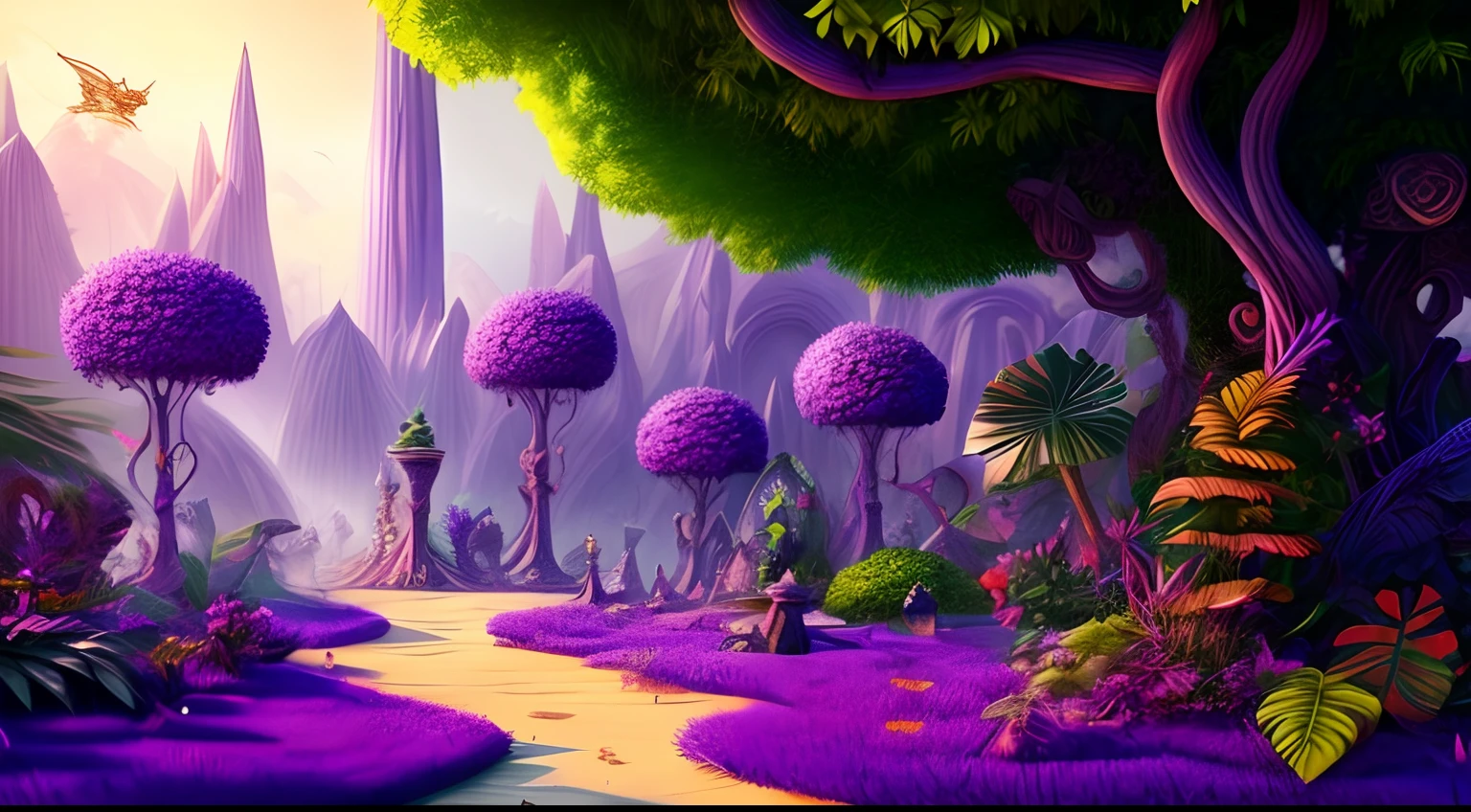 Fantasy Jungle, Wide Shot, Many elves, All purple plants