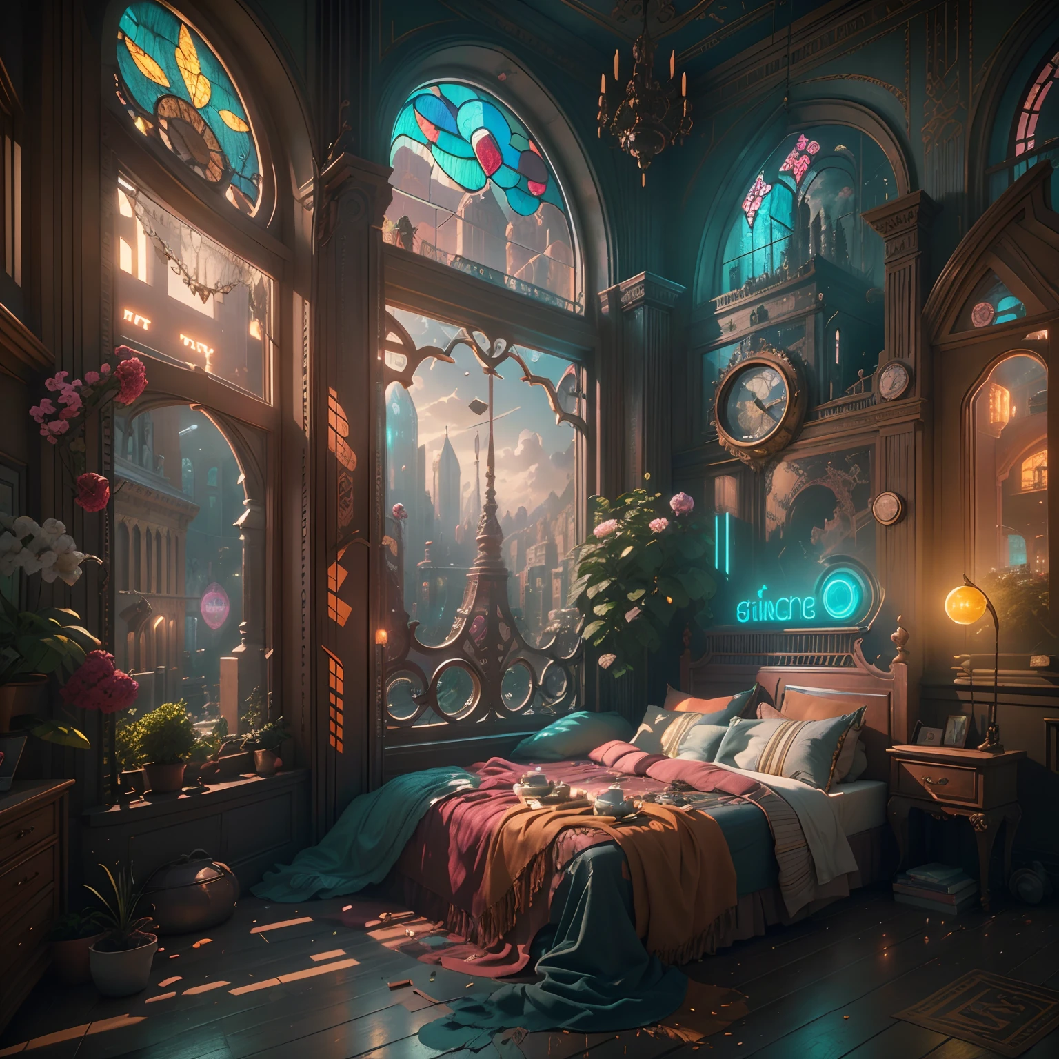 (((Generate an ornate bedroom in the style of Versailles with a big historical window.))) A hyperrealistic cyberpunk dreamscape cityscape is in the window. The cityscape is extremely detailed with many lights and LED neon colors and buildings of many different sizes. The cityscape has all colors of the rainbow and has hires interesting flying steampunk dirigibles. A giant steampunk standalone clock is seen ((through the window)). It is peaceful in the bedroom. The entire artwork is very realistic with many small details and enhancements. 3D render beeple, artstation and beeple highly, in fantasy sci-fi city, inspired by beeple, 8k, unreal engine unity CGI. Masterpiece and popular. Add many fantastical and beautiful details and nuances. (stained glass)