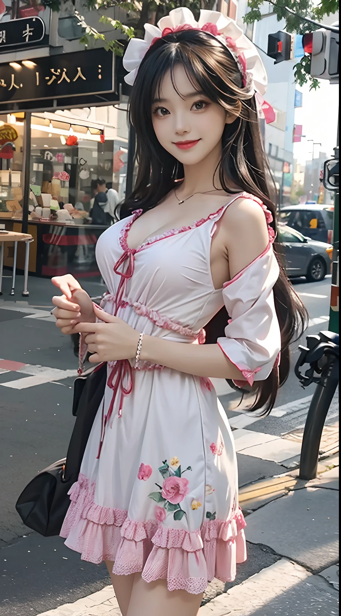 Girl,(Dressed in colorful Lolita),Smile and look at the camera,(Black hair),(with a good figure),with fair skin,Lovely super clear pictures,(Five fingers fine),Perfect hands,(Live-action photo)Shine,8K,Ultra-clear image quality,(Bare chest),(White teeth),(The smile is touching)