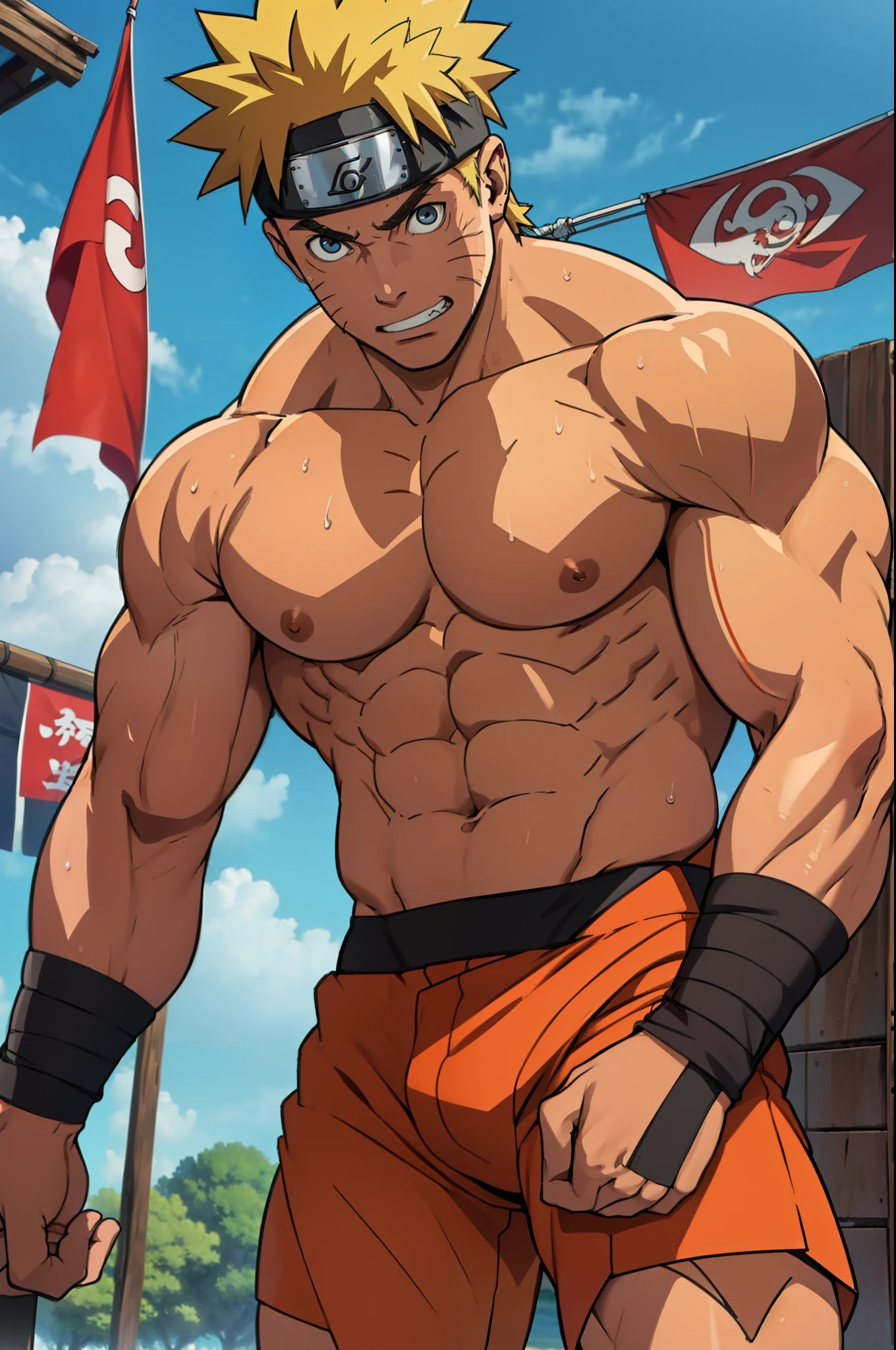 (photo subject: Close-up of muscular thigh muscles ) (photo angle from bottom up)(Drawings of Naruto anime) (photo angle from the ground upwards) [Anime photo][highest quality photo][4k,HD photo quality] ( wearing tight triangle underwear ) (muscular thigh muscles, firm thigh muscles, muscular thigh muscles, sinewy thigh muscles, giant thigh muscles, strong leg muscles, muscular hamstring leg muscles) ,Uzumaki Naruto fun, happy,bodybuilder,bodybuilding, standing, red skin,reddish brown skin, lots of sweat flowing down, topless, shirtless, hot sunny, (do not wear banners,do not wear headbands)